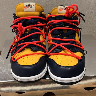 Off-White × Nike Dunk Low LTHR "University Gold/Midnight Navy/White"