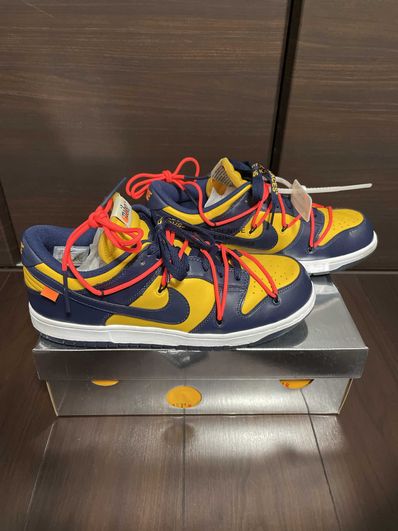 Off-White × Nike Dunk Low LTHR "University Gold/Midnight Navy/White"