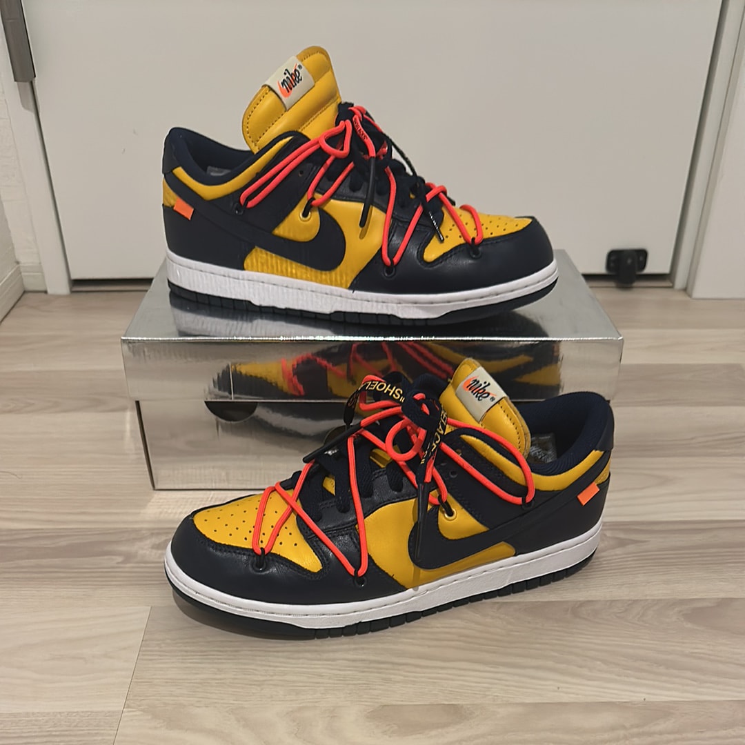 Off-White × Nike Dunk Low  LTHR "University Gold/Midnight Navy/White"