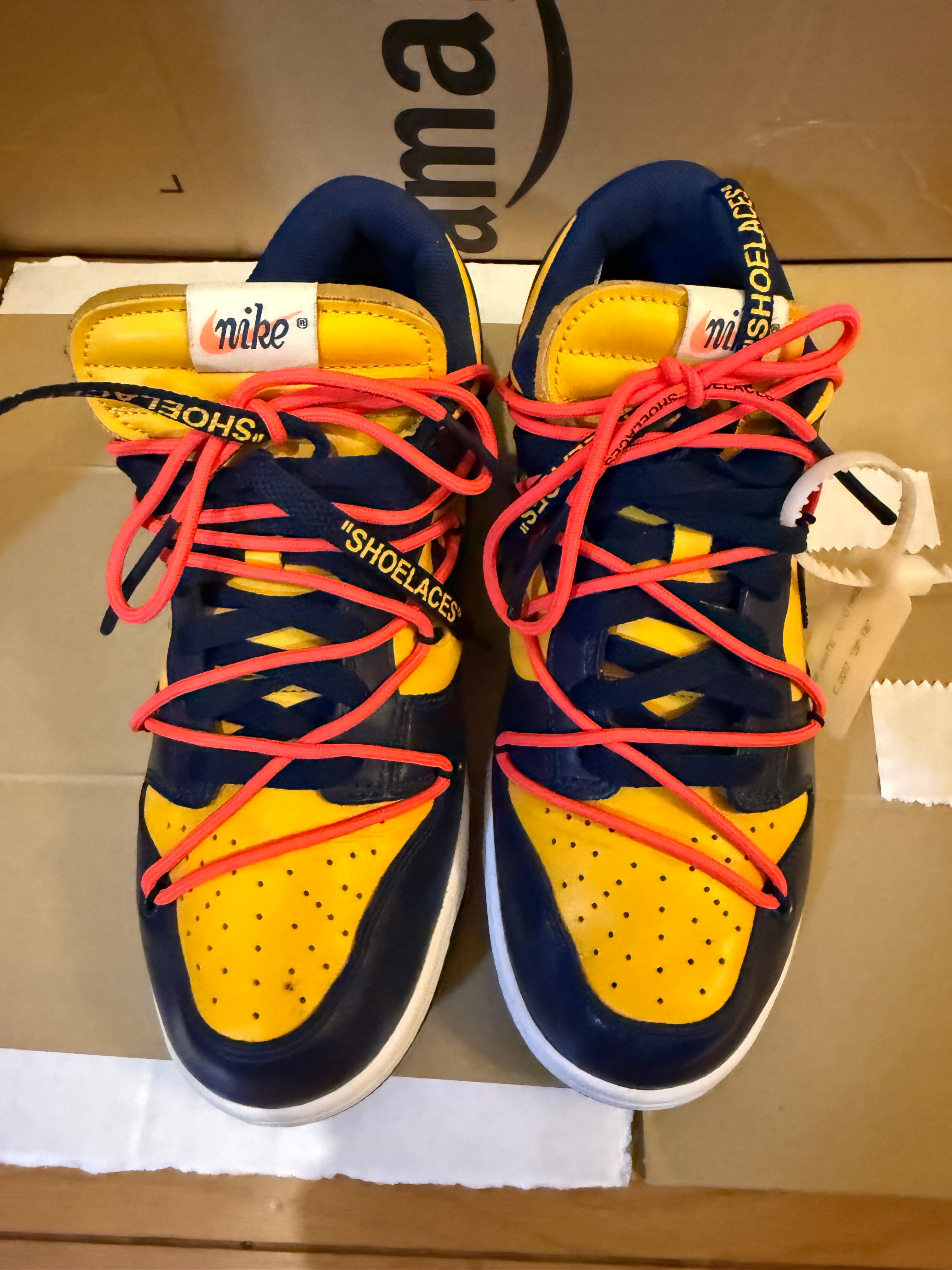 Off-White × Nike Dunk Low LTHR "University Gold/Midnight Navy/White"