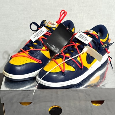 Off-White × Nike Dunk Low LTHR "University Gold/Midnight Navy/White"