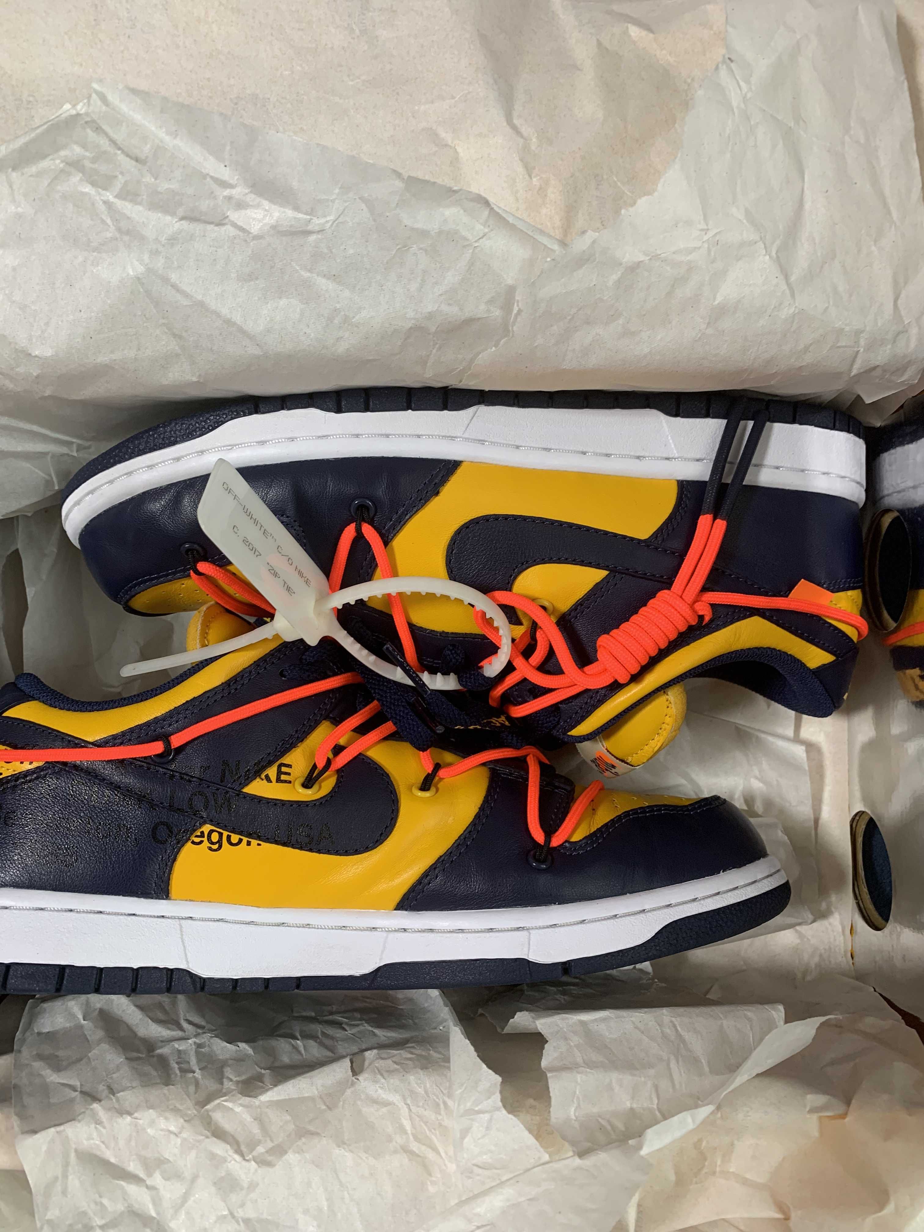 Off-White × Nike Dunk Low  LTHR "University Gold/Midnight Navy/White"