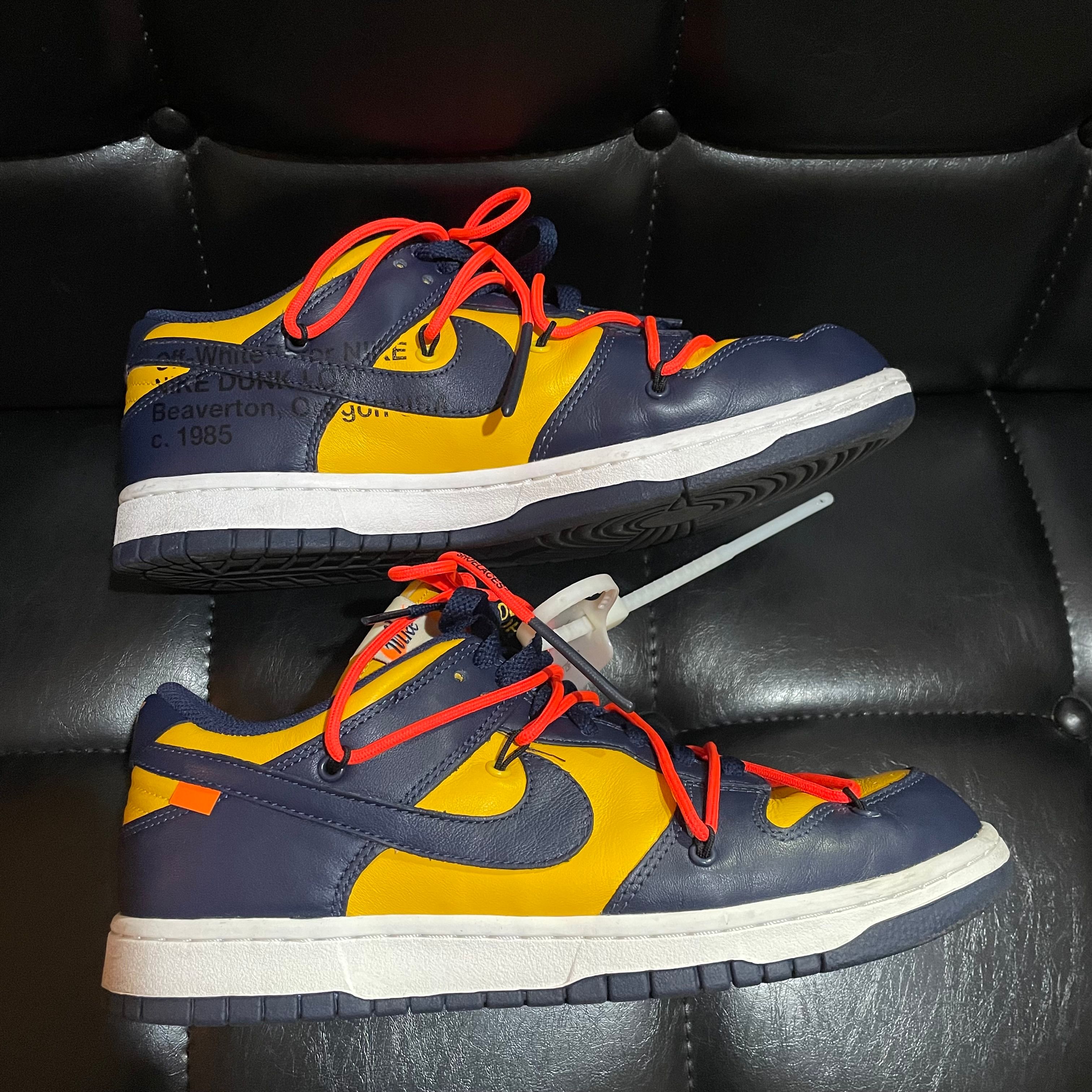 Off-White × Nike Dunk Low LTHR "University Gold/Midnight Navy/White"