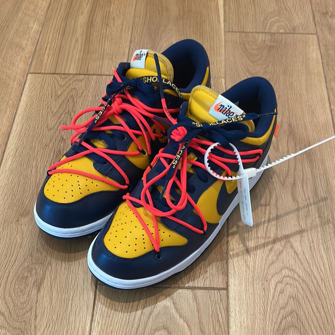 Off-White × Nike Dunk Low  LTHR "University Gold/Midnight Navy/White"