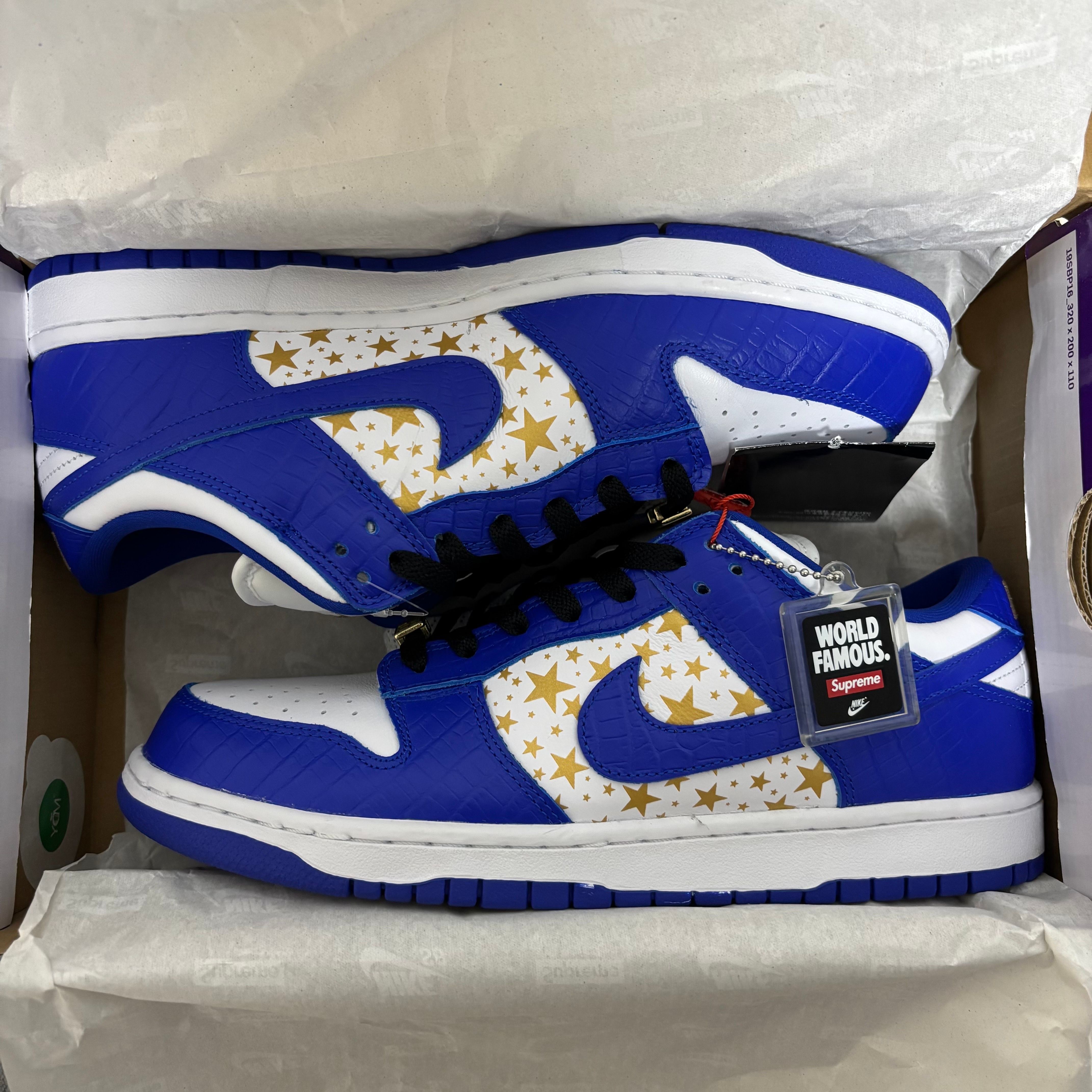 Supreme × Nike SB Dunk Low OG QS Gold Stars "White/Hyper Blue"