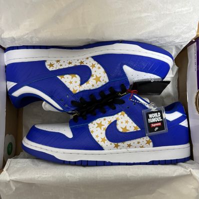 Supreme × Nike SB Dunk Low OG QS Gold Stars "White/Hyper Blue"