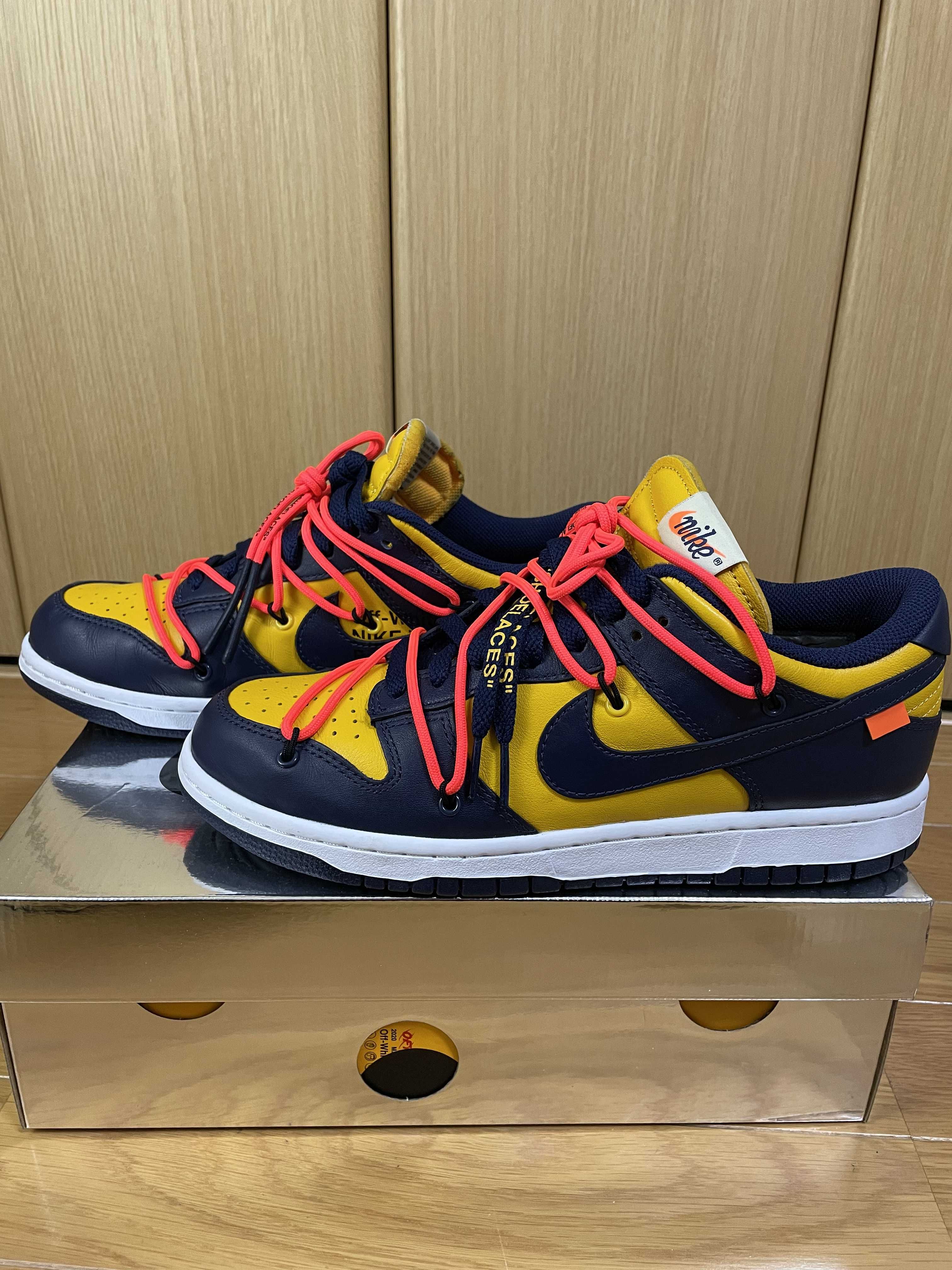 Off-White × Nike Dunk Low  LTHR "University Gold/Midnight Navy/White"