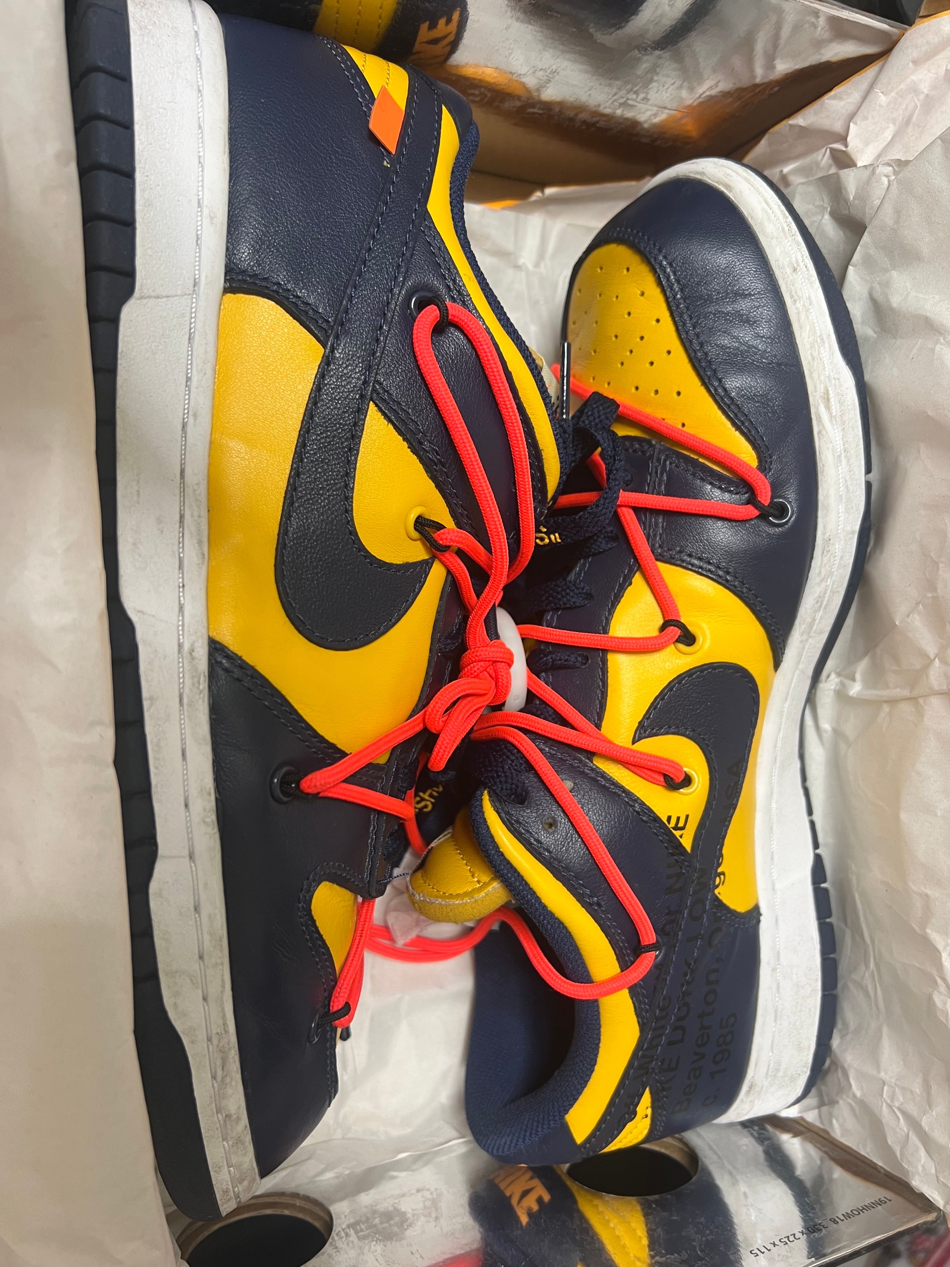 Off-White × Nike Dunk Low LTHR "University Gold/Midnight Navy/White"
