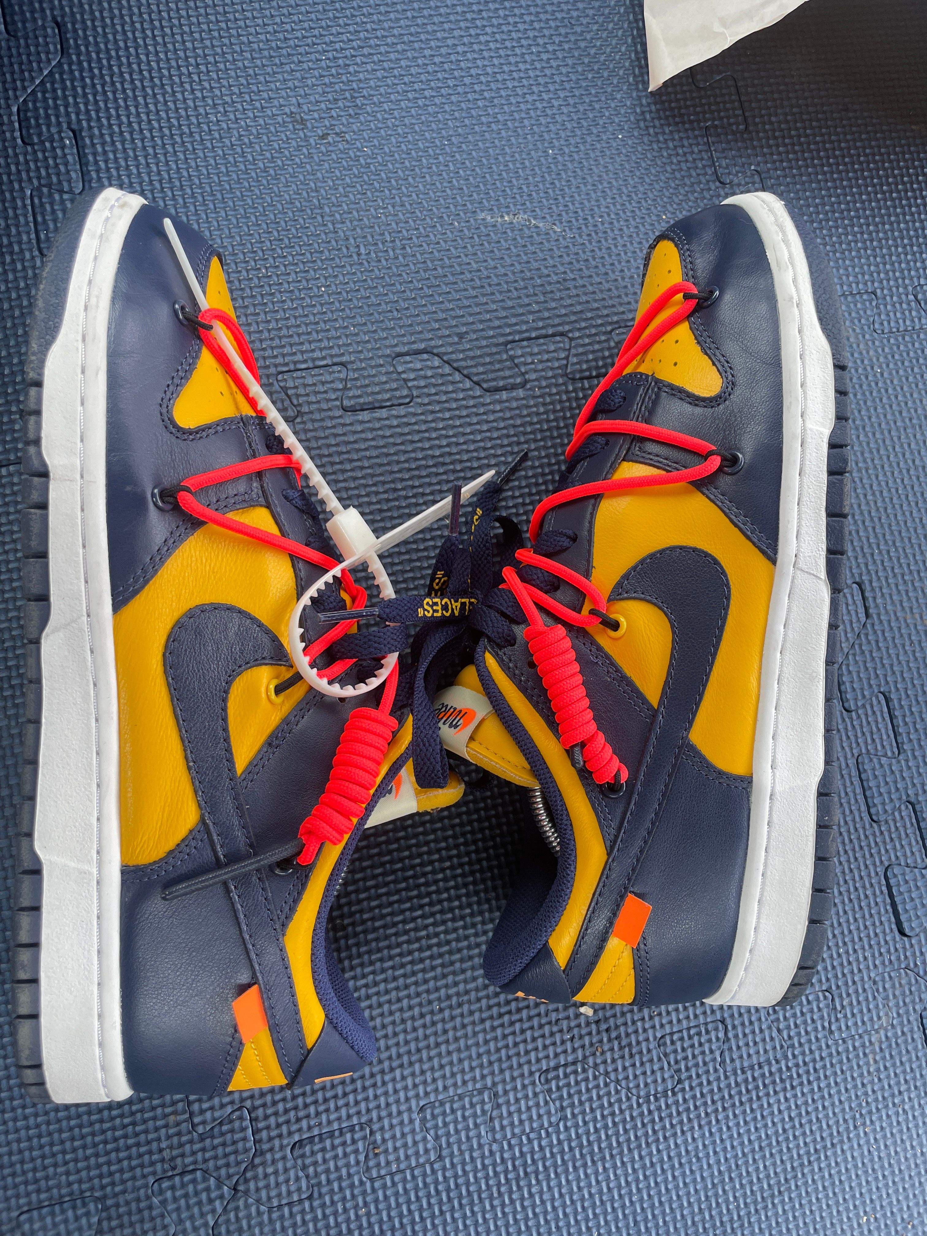 Off-White × Nike Dunk Low LTHR "University Gold/Midnight Navy/White"