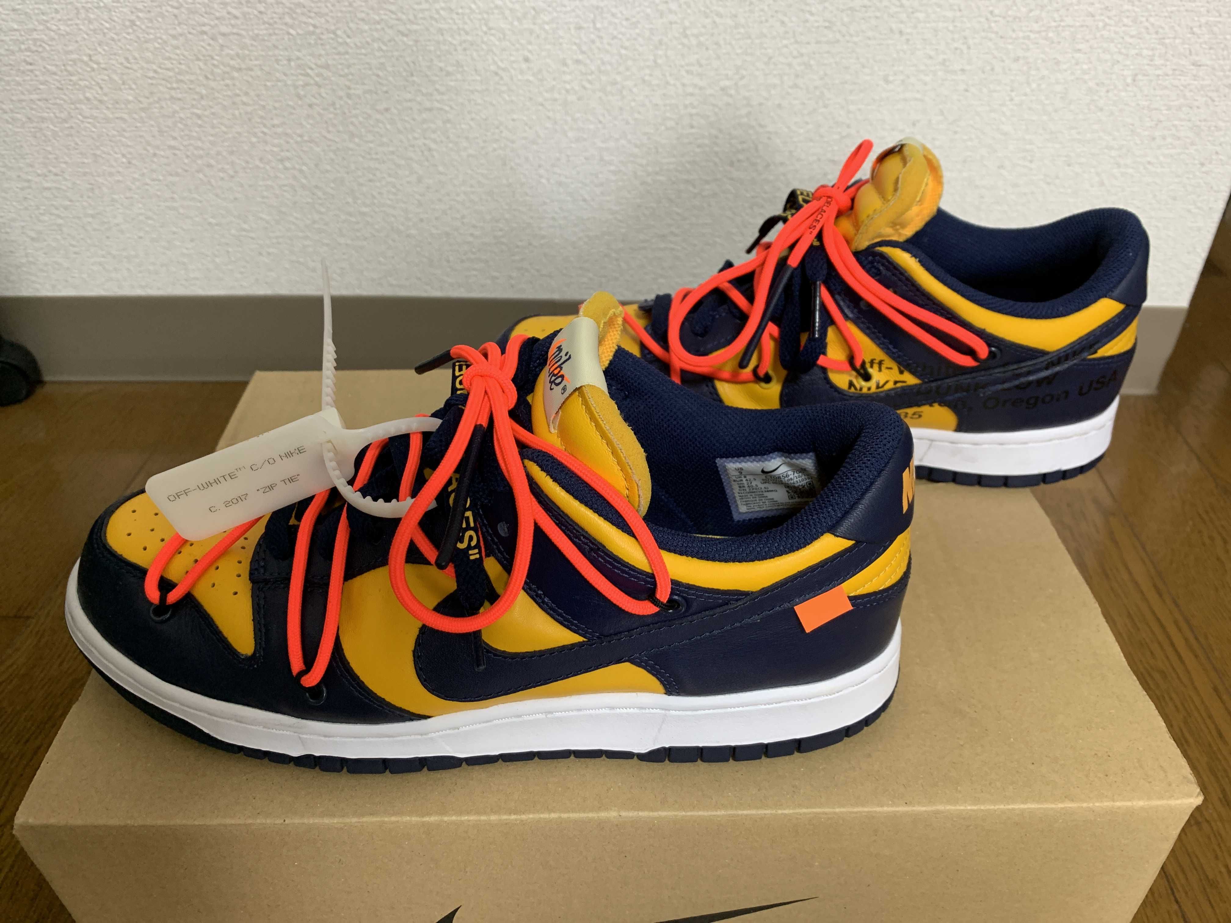 Off-White × Nike Dunk Low  LTHR "University Gold/Midnight Navy/White"