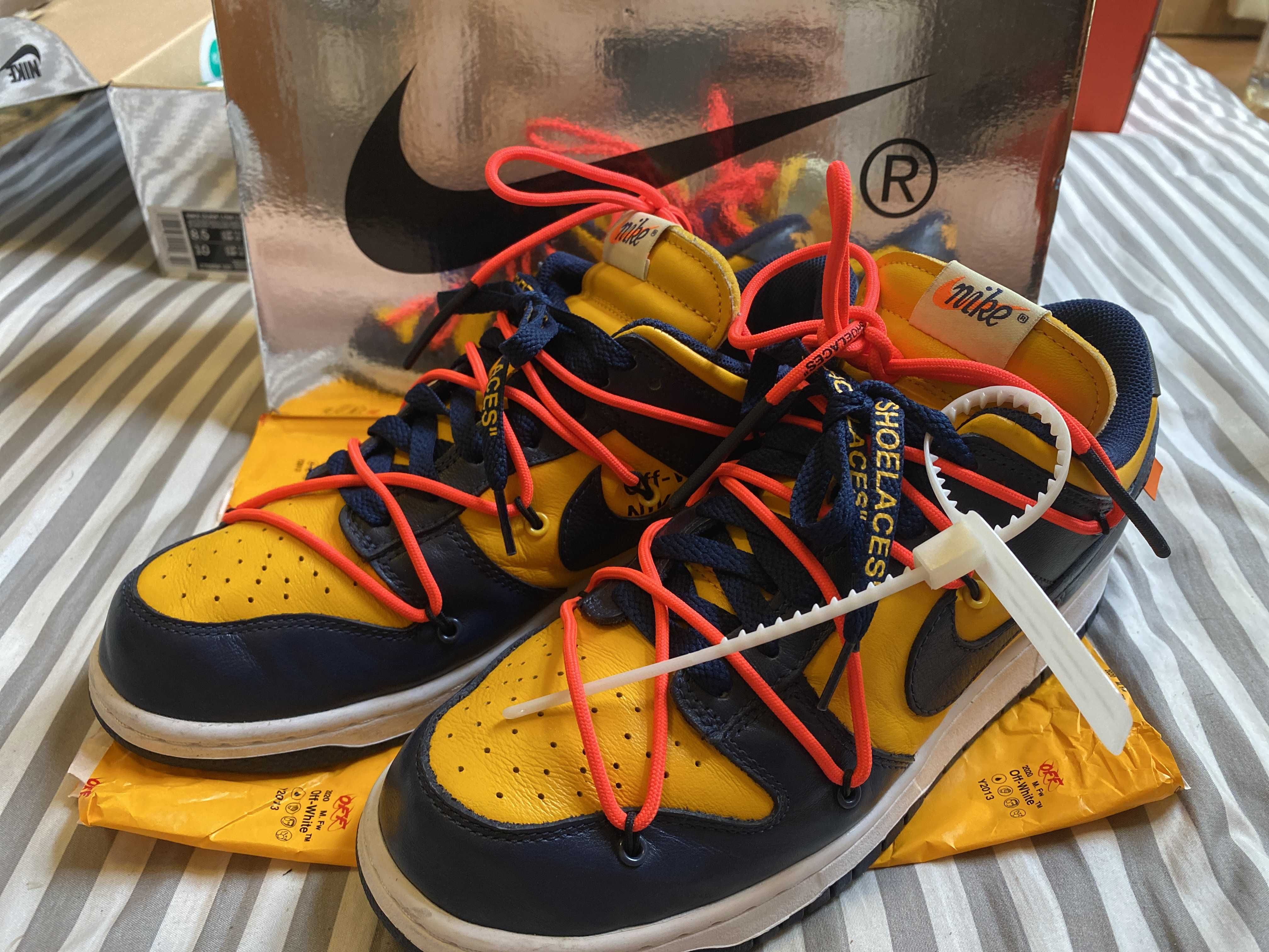 Off-White × Nike Dunk Low LTHR "University Gold/Midnight Navy/White"