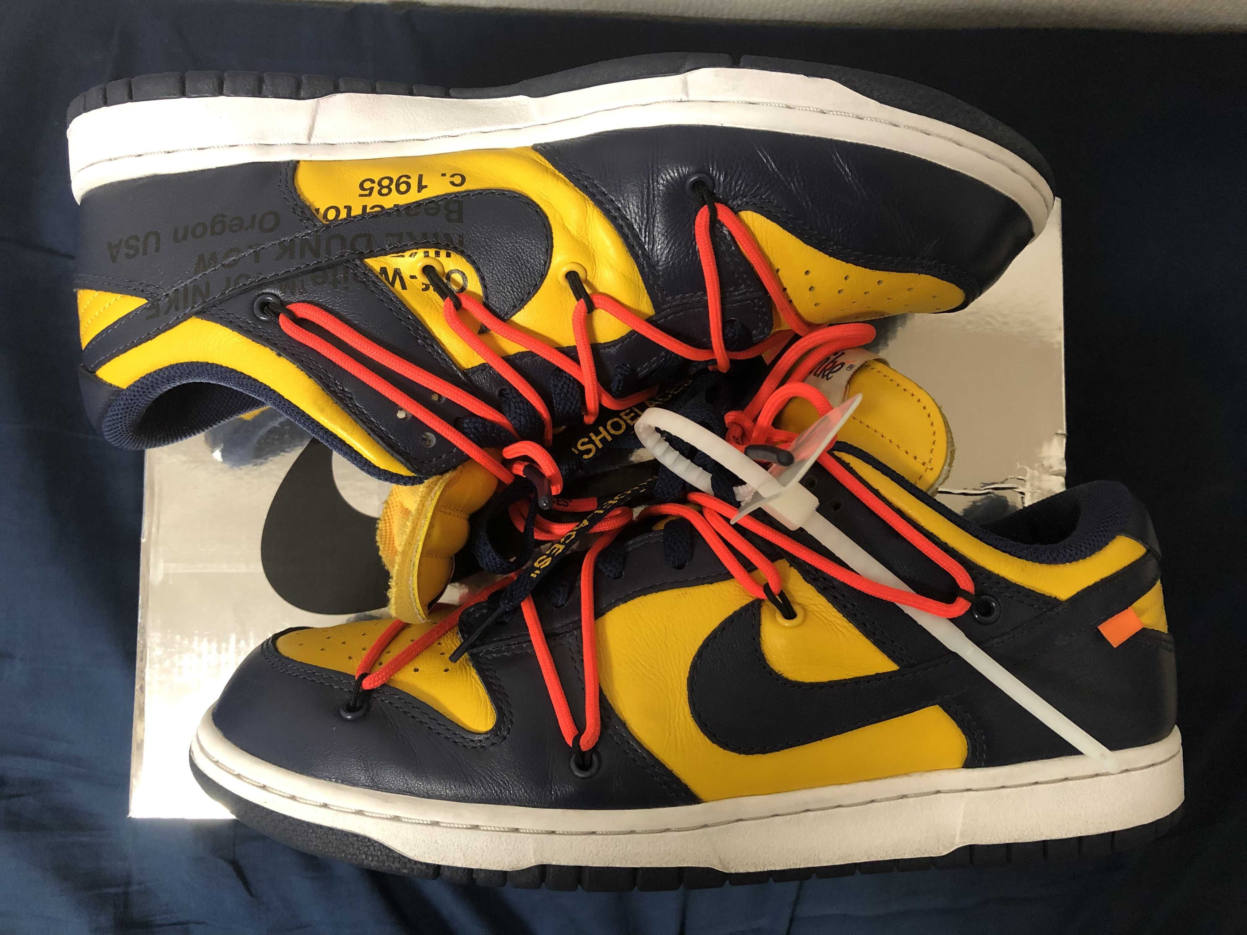 Off-White × Nike Dunk Low LTHR "University Gold/Midnight Navy/White"