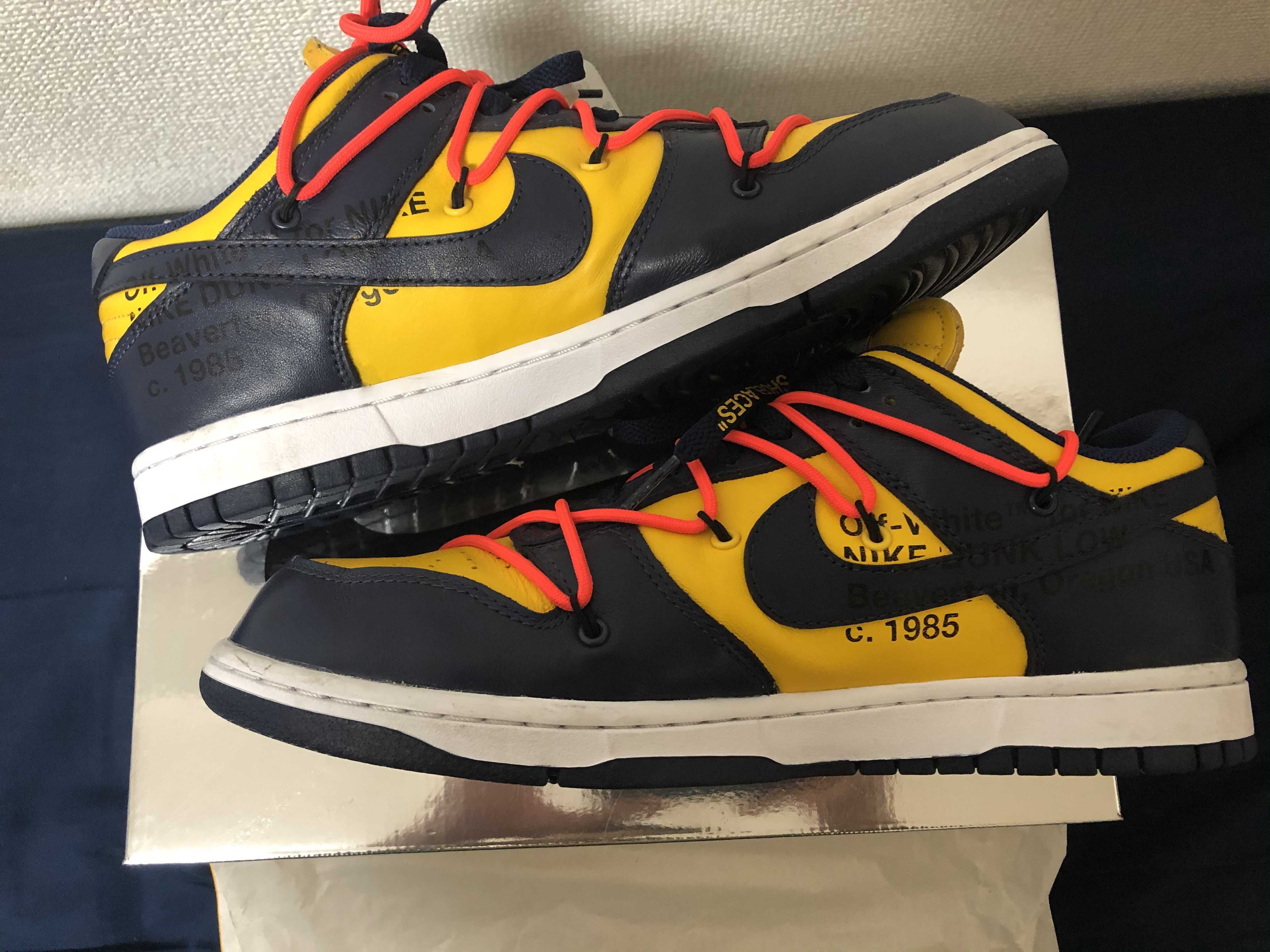 Off-White × Nike Dunk Low  LTHR "University Gold/Midnight Navy/White"