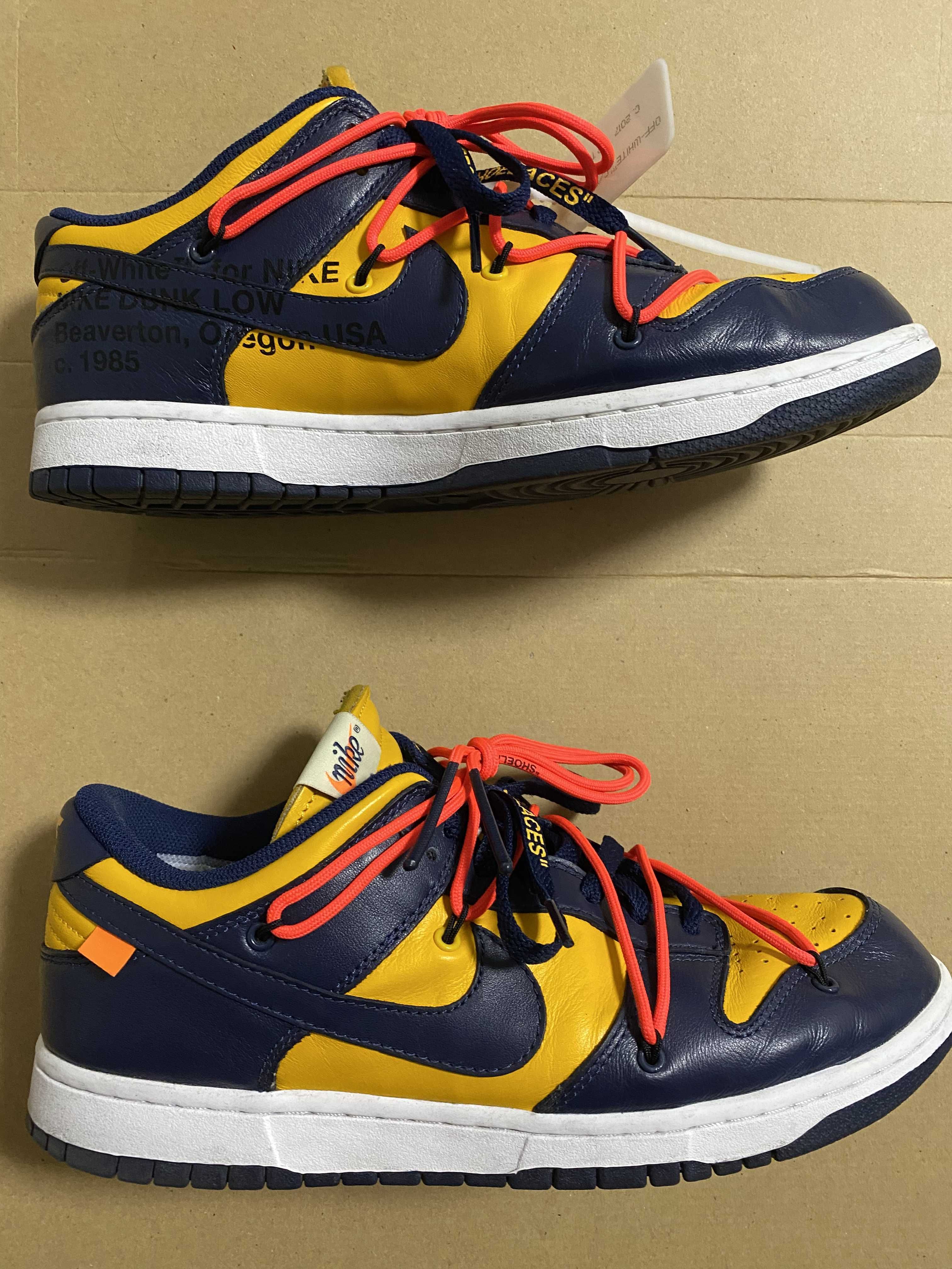 Off-White × Nike Dunk Low LTHR "University Gold/Midnight Navy/White"