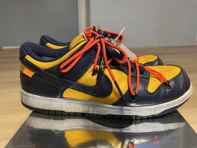 Off-White × Nike Dunk Low LTHR "University Gold/Midnight Navy/White"