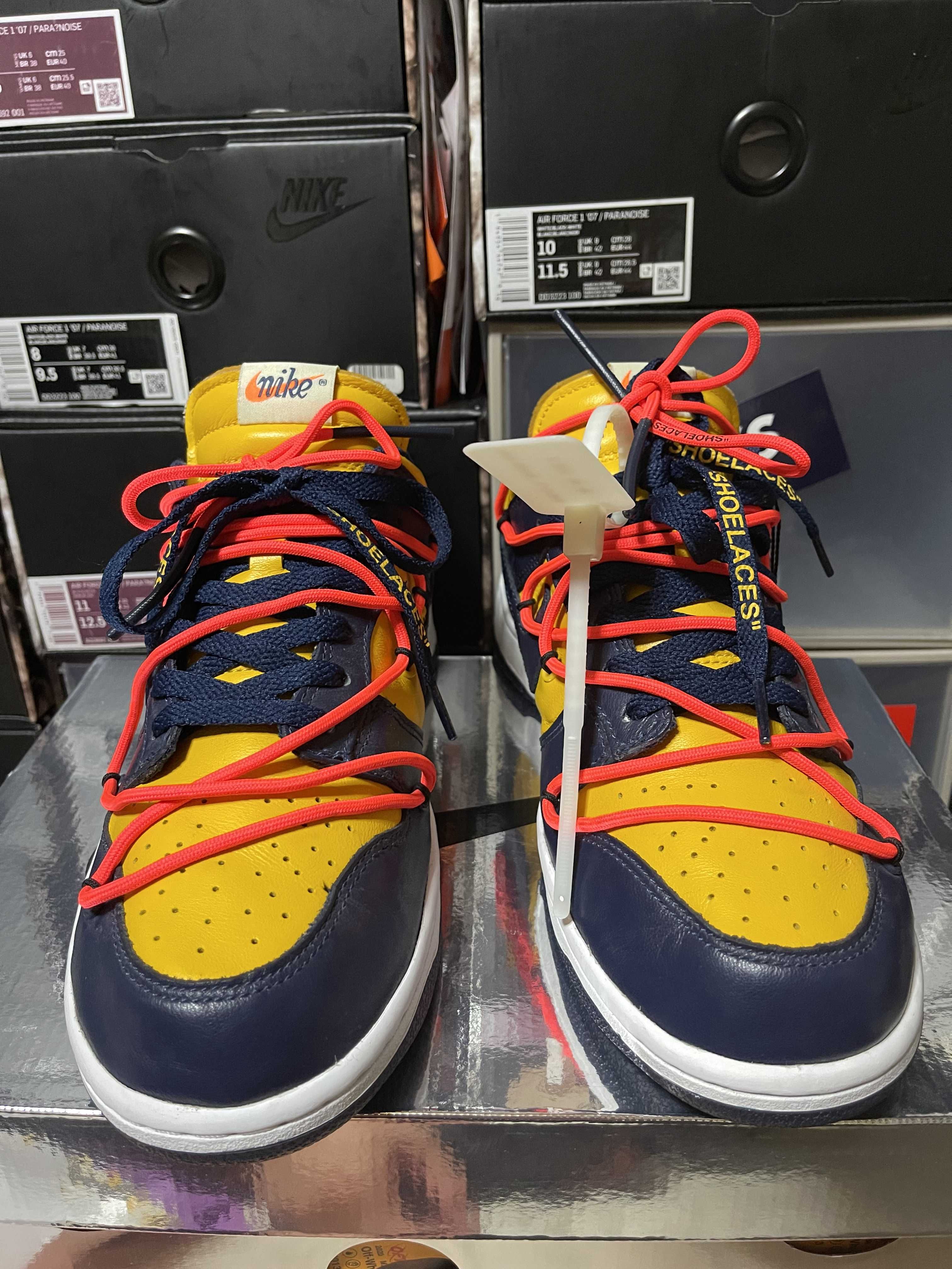 Off-White × Nike Dunk Low LTHR "University Gold/Midnight Navy/White"