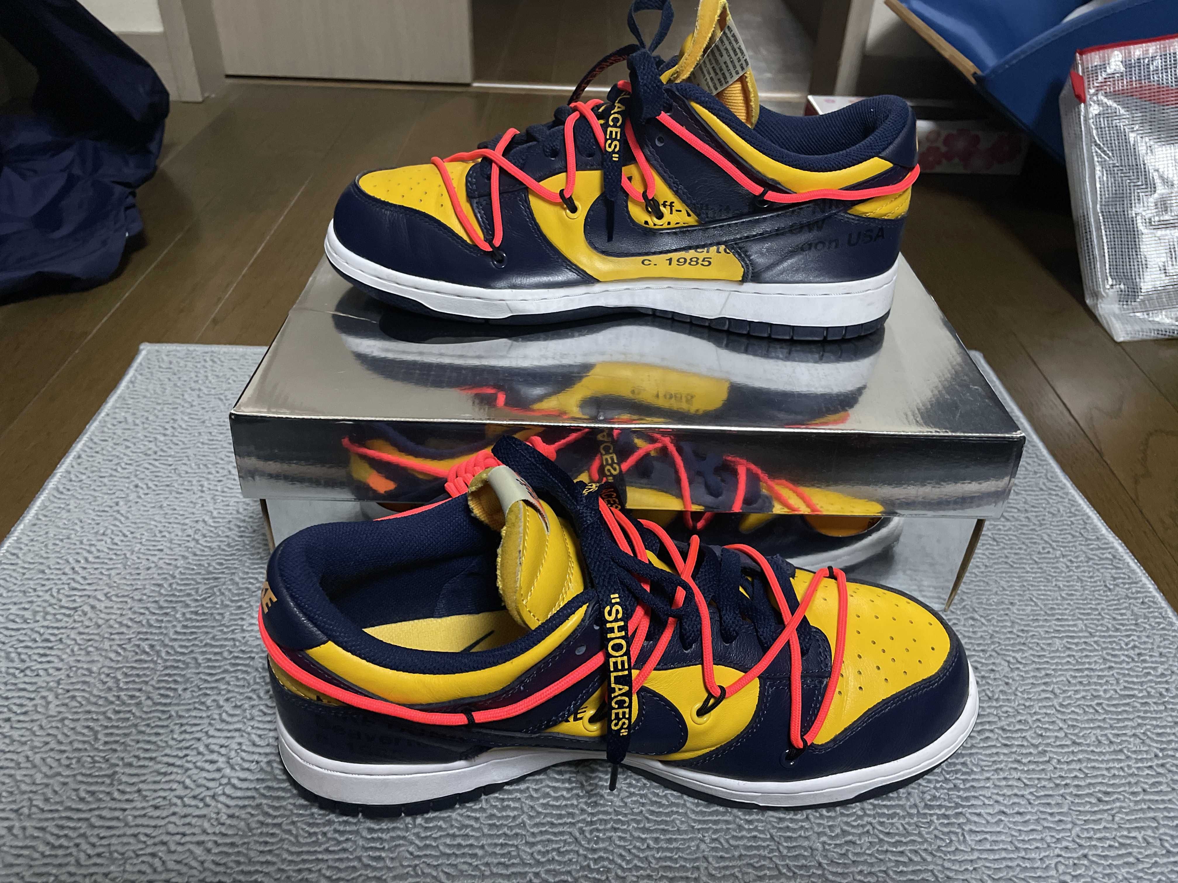 Off-White × Nike Dunk Low LTHR "University Gold/Midnight Navy/White"