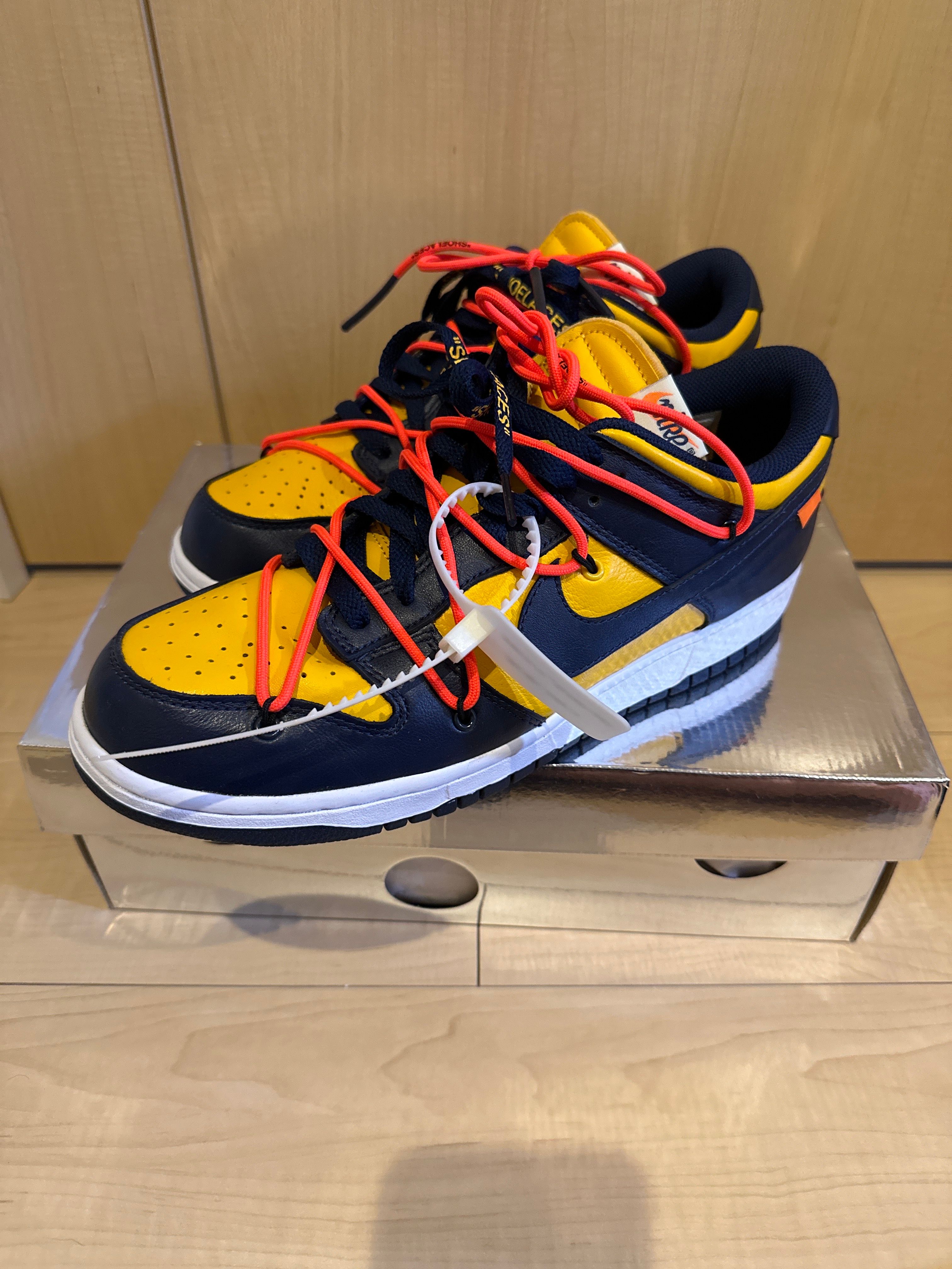 Off-White × Nike Dunk Low  LTHR "University Gold/Midnight Navy/White"