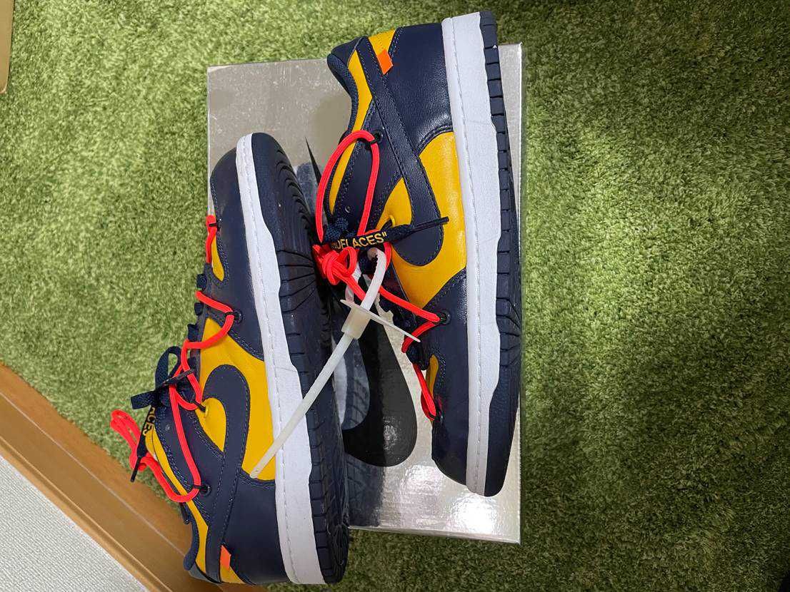 Off-White × Nike Dunk Low LTHR "University Gold/Midnight Navy/White"