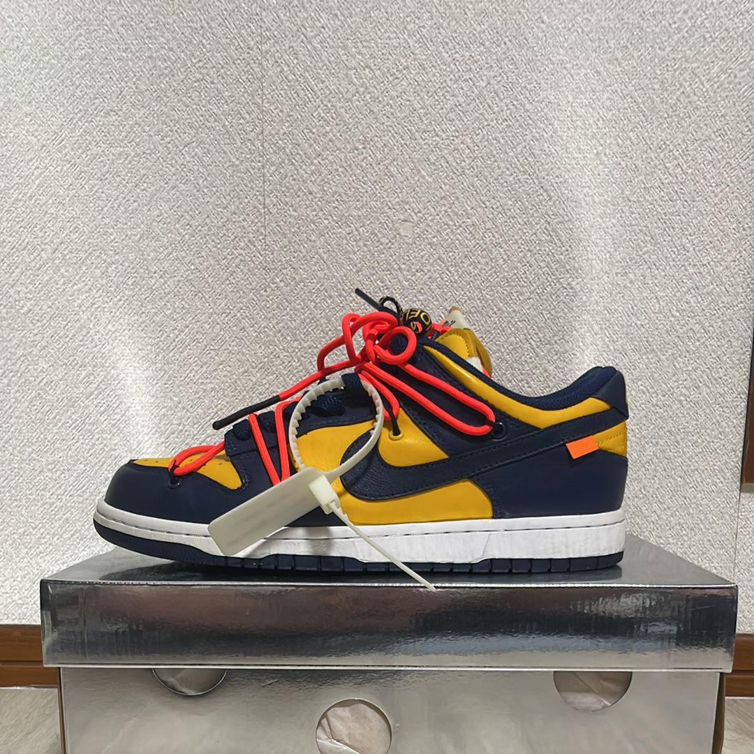 Off-White × Nike Dunk Low LTHR "University Gold/Midnight Navy/White"