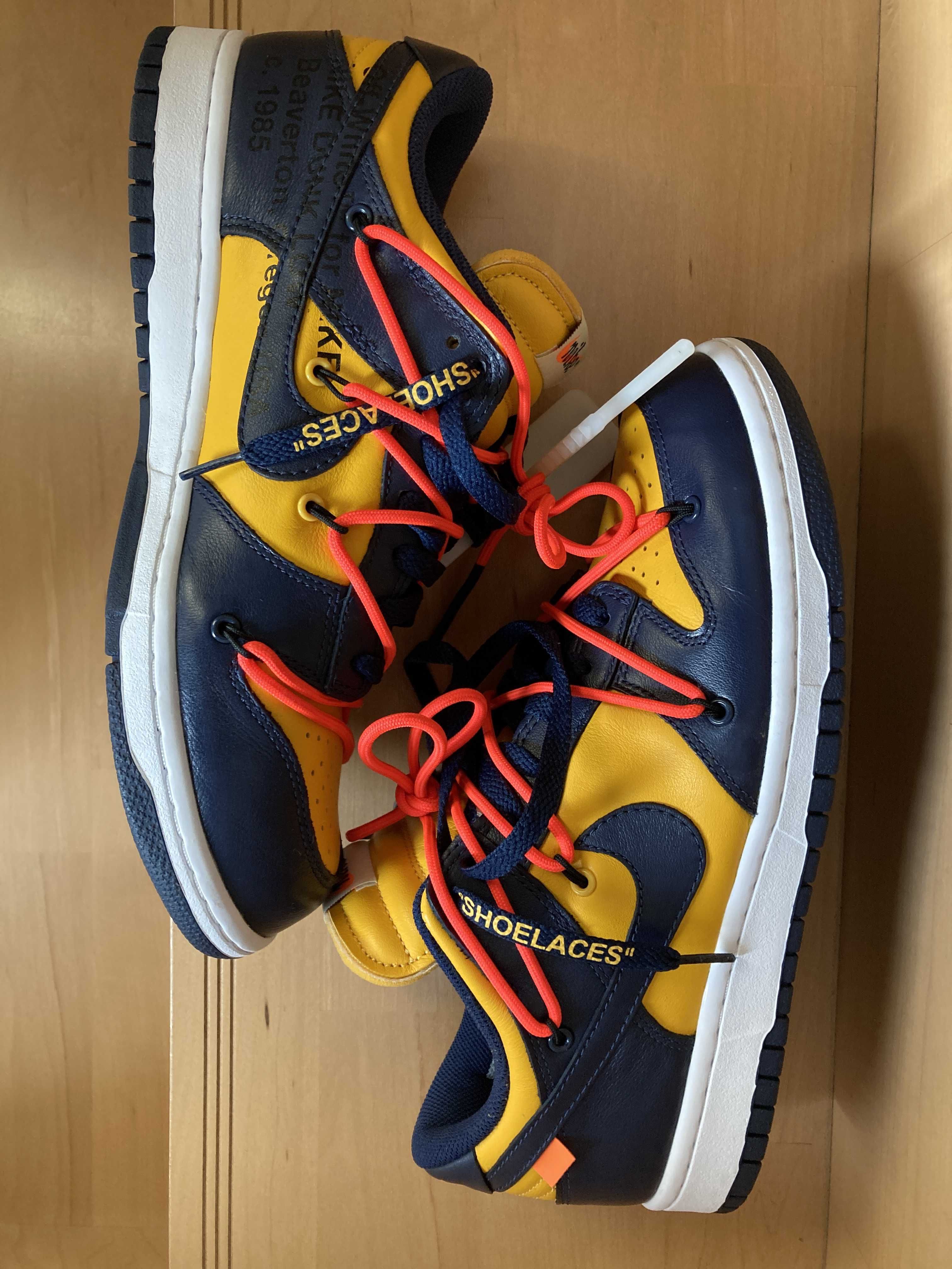 Off-White × Nike Dunk Low LTHR "University Gold/Midnight Navy/White"