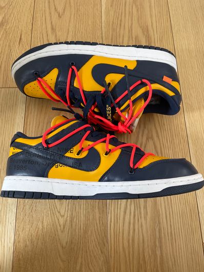 Off-White × Nike Dunk Low LTHR "University Gold/Midnight Navy/White"