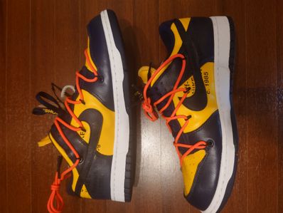 Off-White × Nike Dunk Low LTHR "University Gold/Midnight Navy/White"