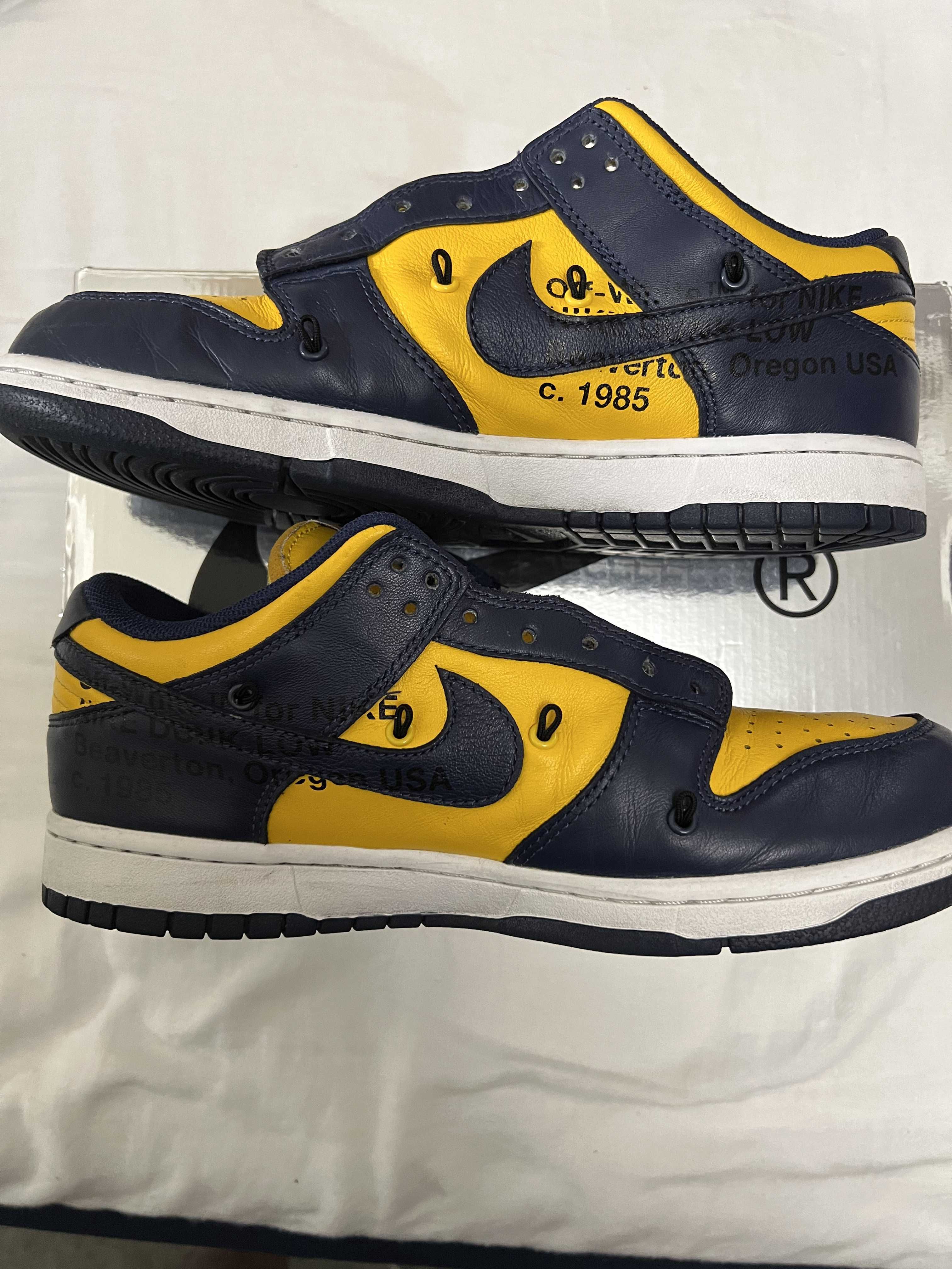 Off-White × Nike Dunk Low LTHR "University Gold/Midnight Navy/White"