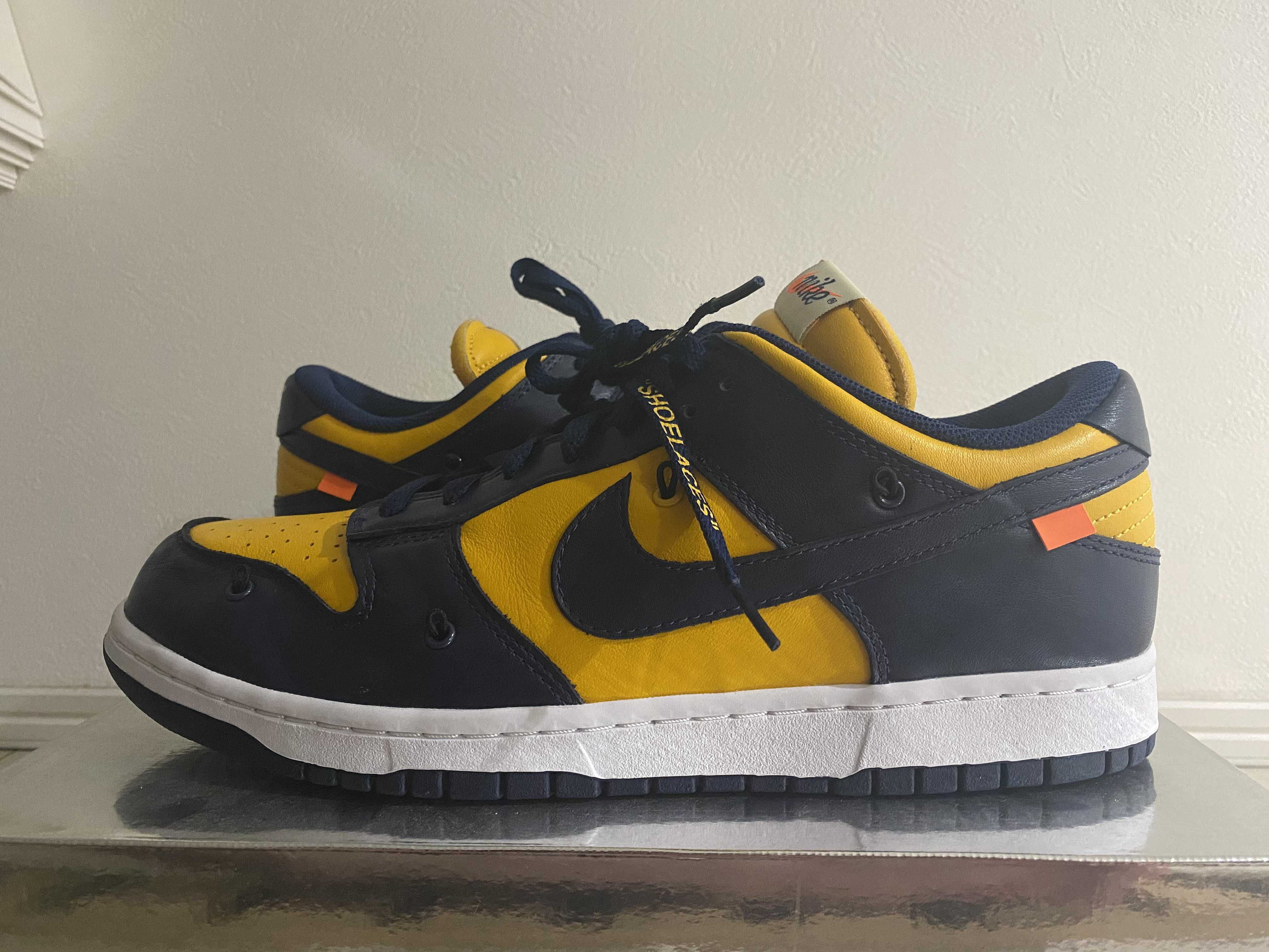 Off-White × Nike Dunk Low LTHR "University Gold/Midnight Navy/White"