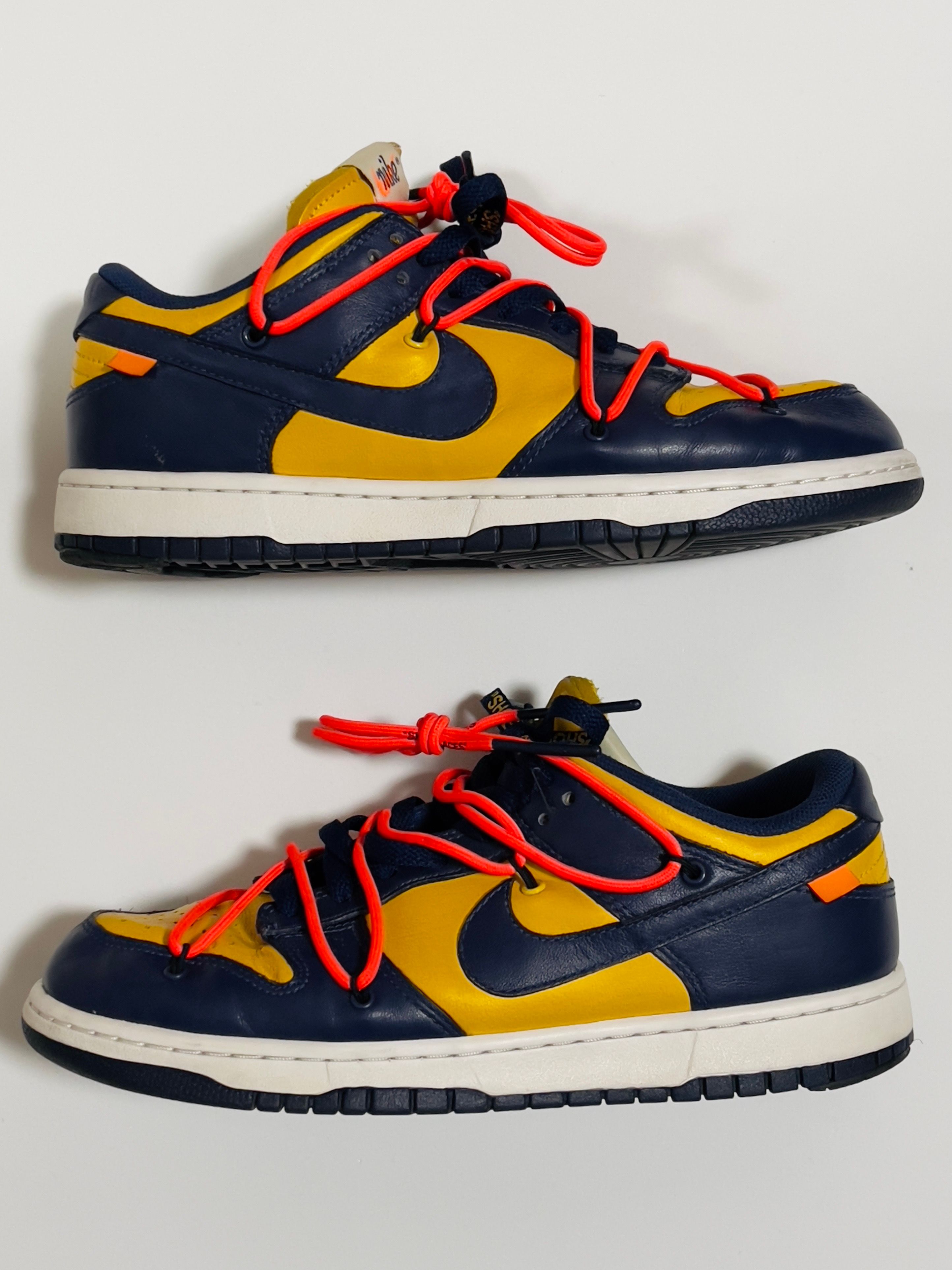 Off-White × Nike Dunk Low LTHR "University Gold/Midnight Navy/White"