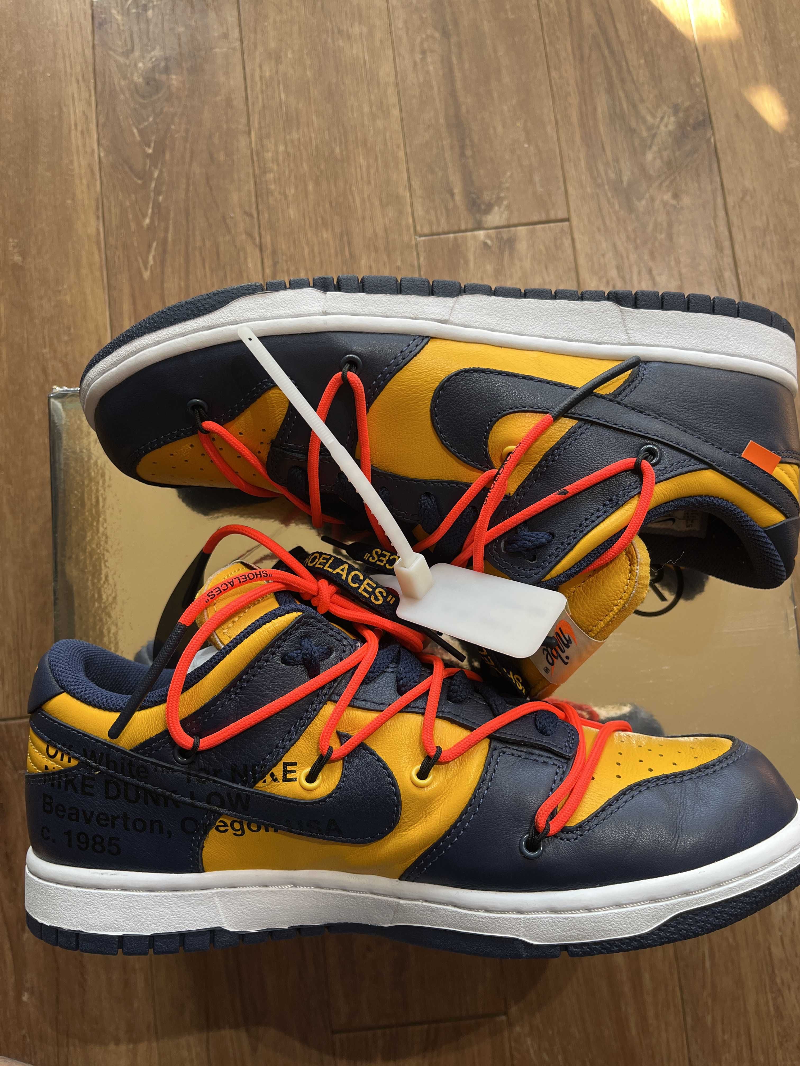 Off-White × Nike Dunk Low LTHR "University Gold/Midnight Navy/White"