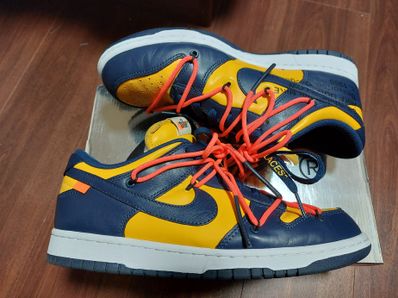 Off-White × Nike Dunk Low LTHR "University Gold/Midnight Navy/White"