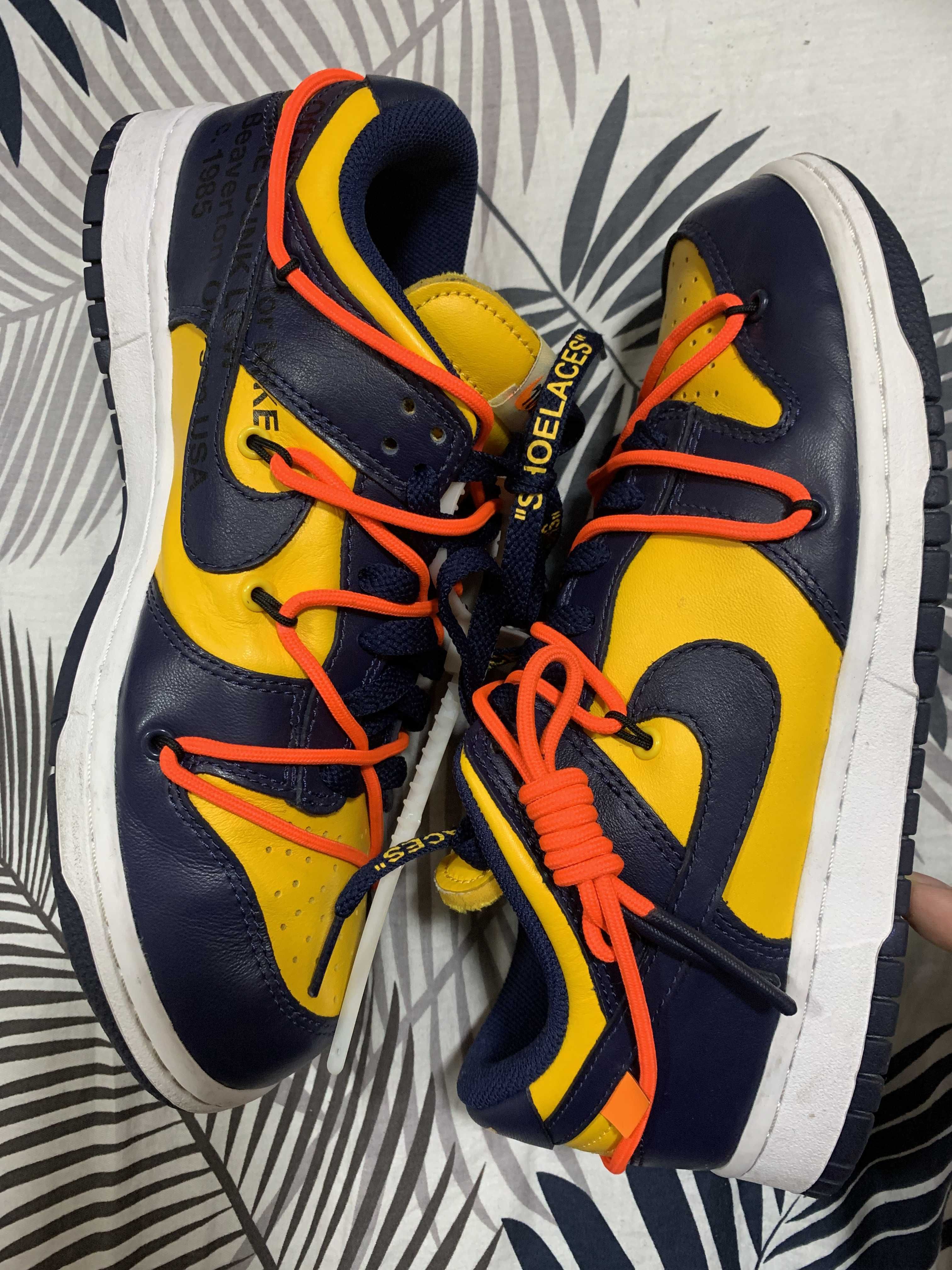 Off-White × Nike Dunk Low LTHR "University Gold/Midnight Navy/White"