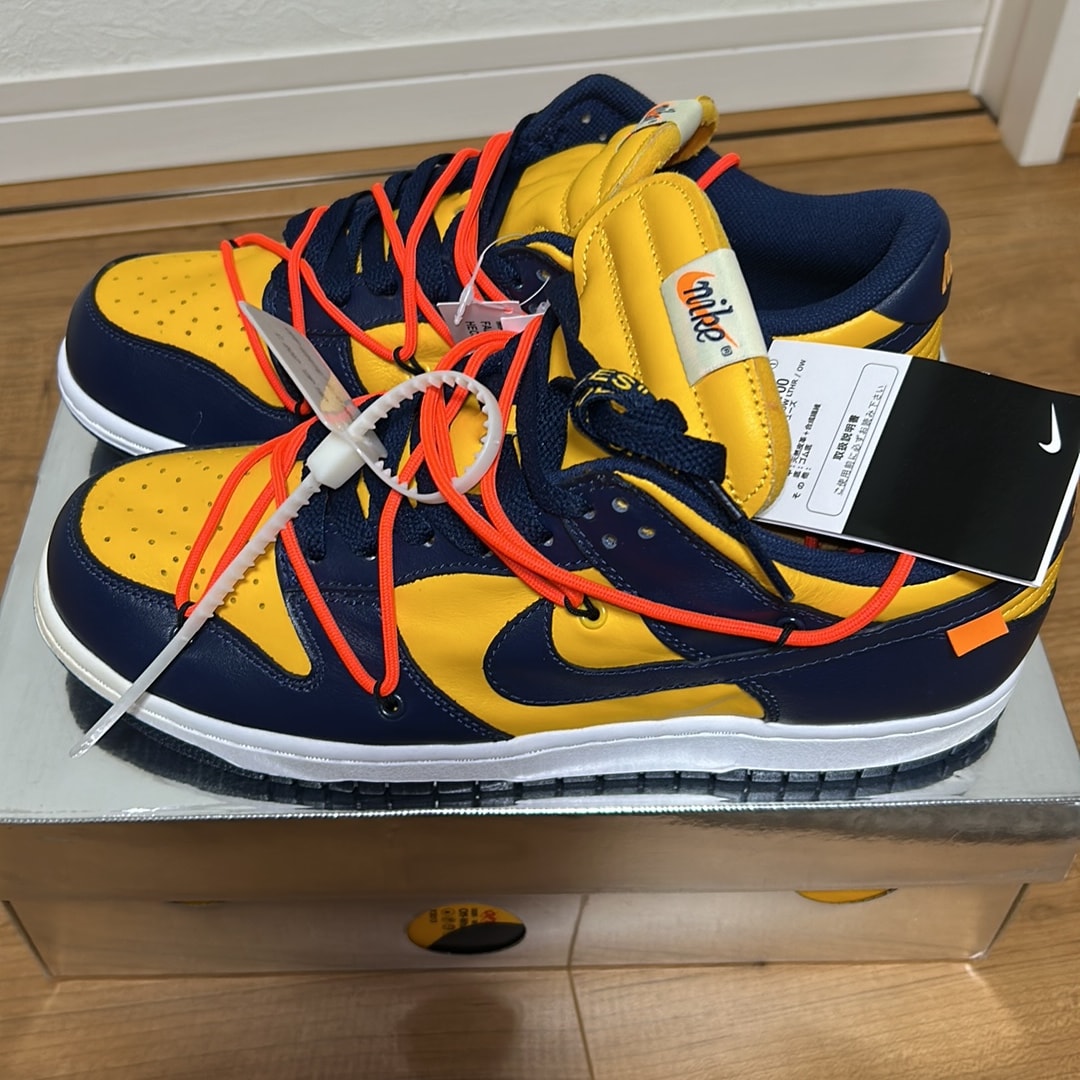 Off-White × Nike Dunk Low LTHR "University Gold/Midnight Navy/White"