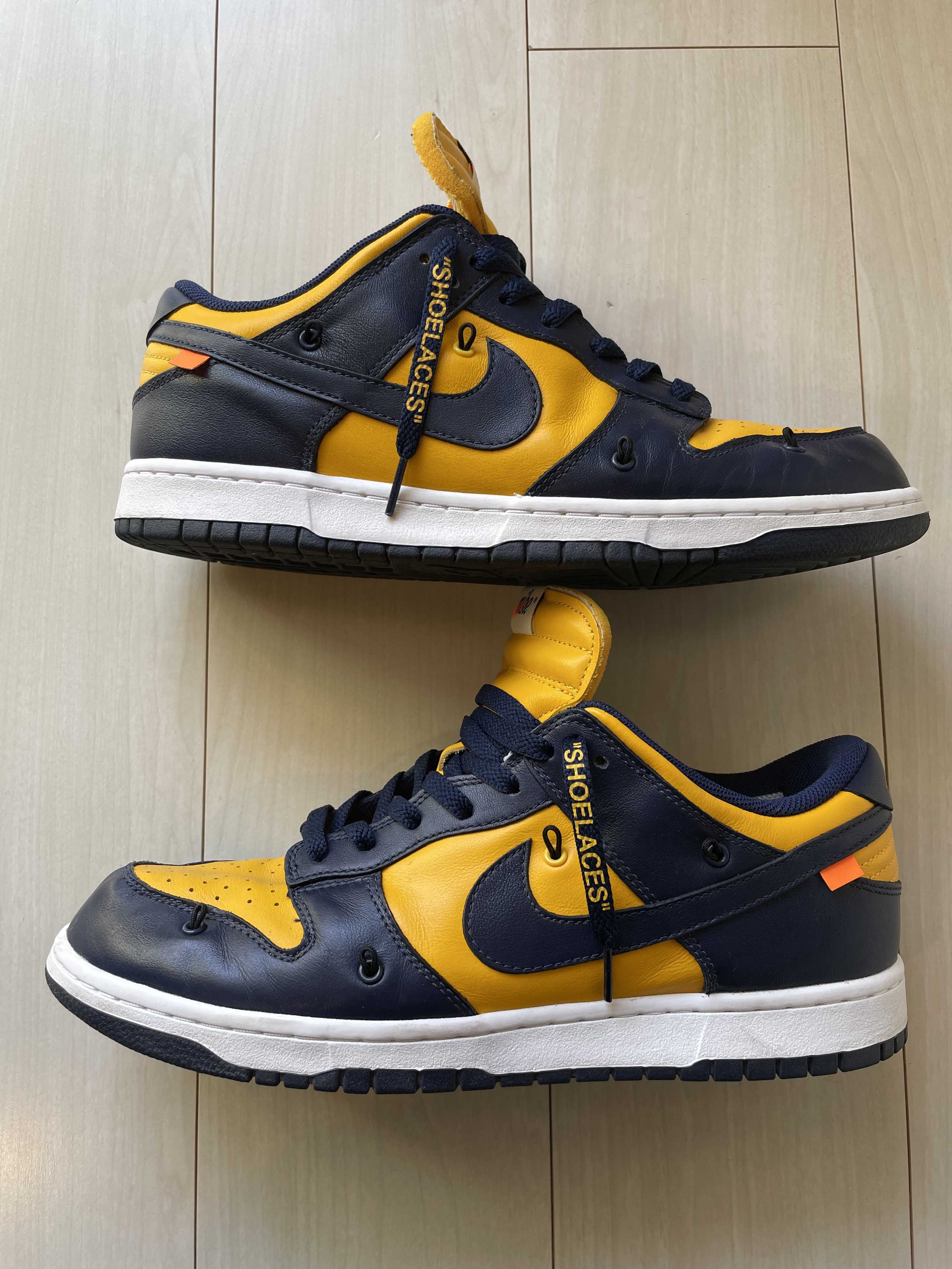 Off-White × Nike Dunk Low  LTHR "University Gold/Midnight Navy/White"