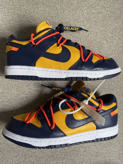 Off-White × Nike Dunk Low LTHR "University Gold/Midnight Navy/White"