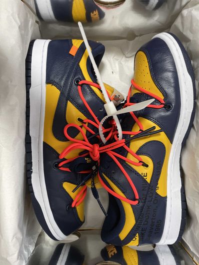 Off-White × Nike Dunk Low LTHR "University Gold/Midnight Navy/White"
