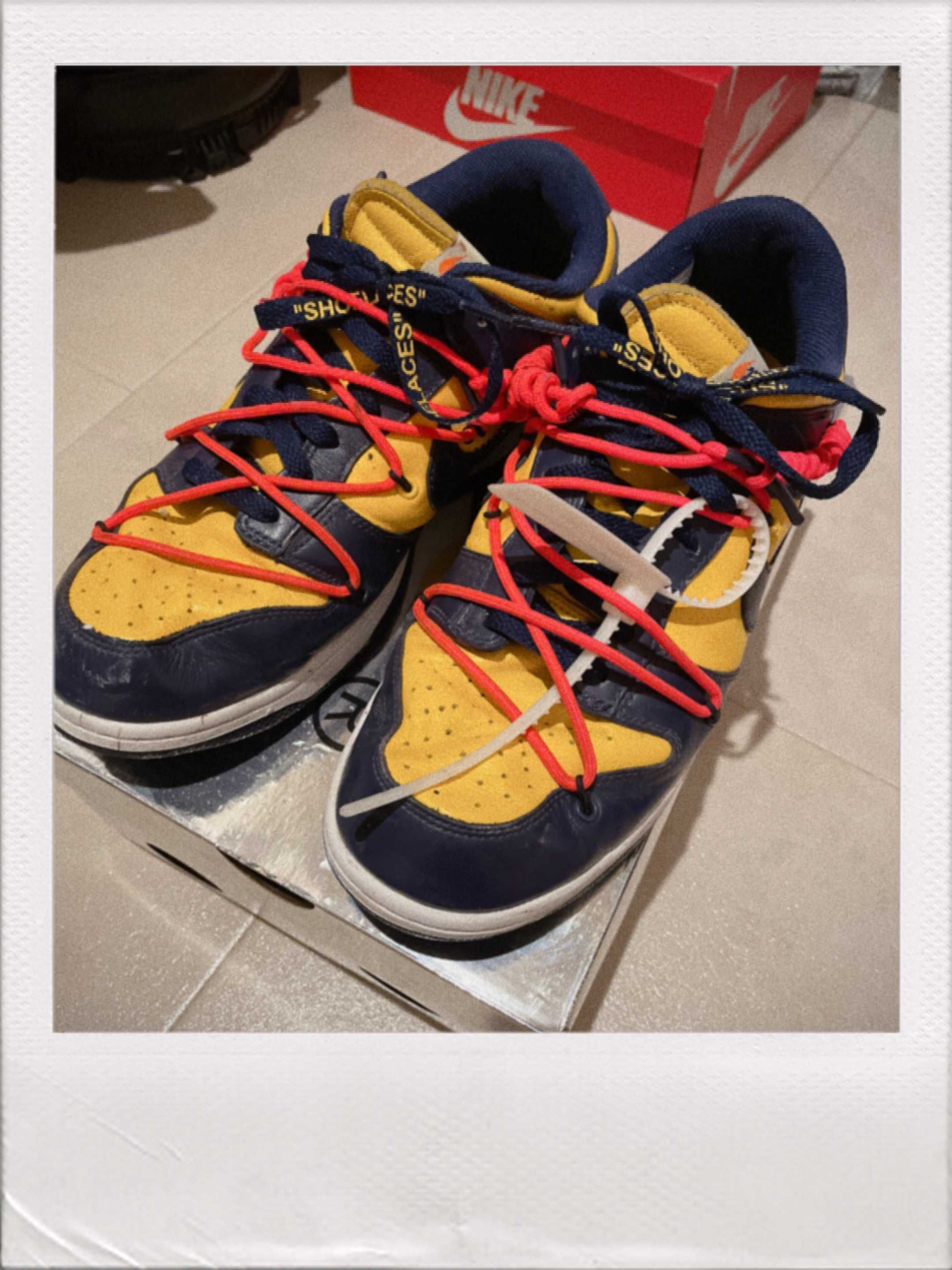 Off-White × Nike Dunk Low LTHR "University Gold/Midnight Navy/White"