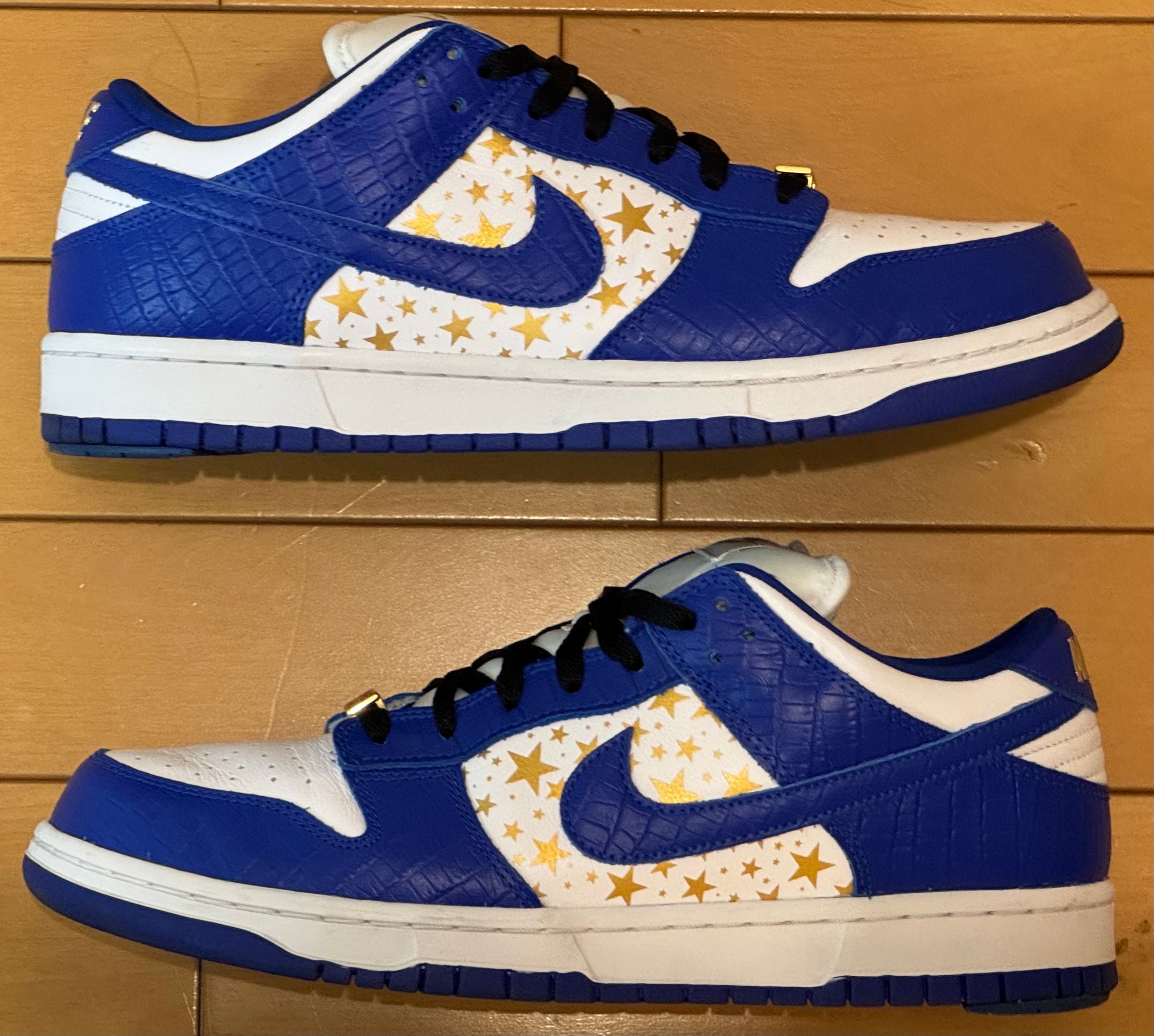 Supreme × Nike SB Dunk Low OG QS Gold Stars "White/Hyper Blue"