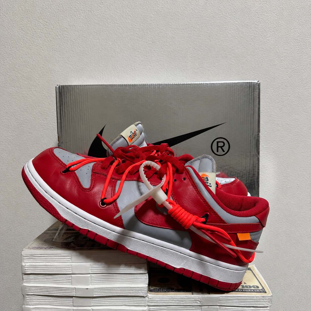 Off-White × Nike Dunk Low "University Red/Wolf Grey"