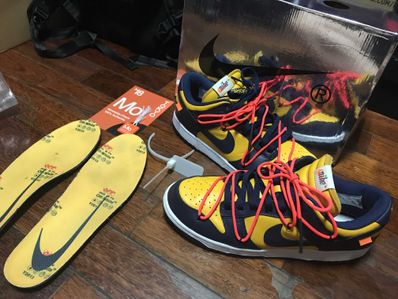 Off-White × Nike Dunk Low LTHR "University Gold/Midnight Navy/White"