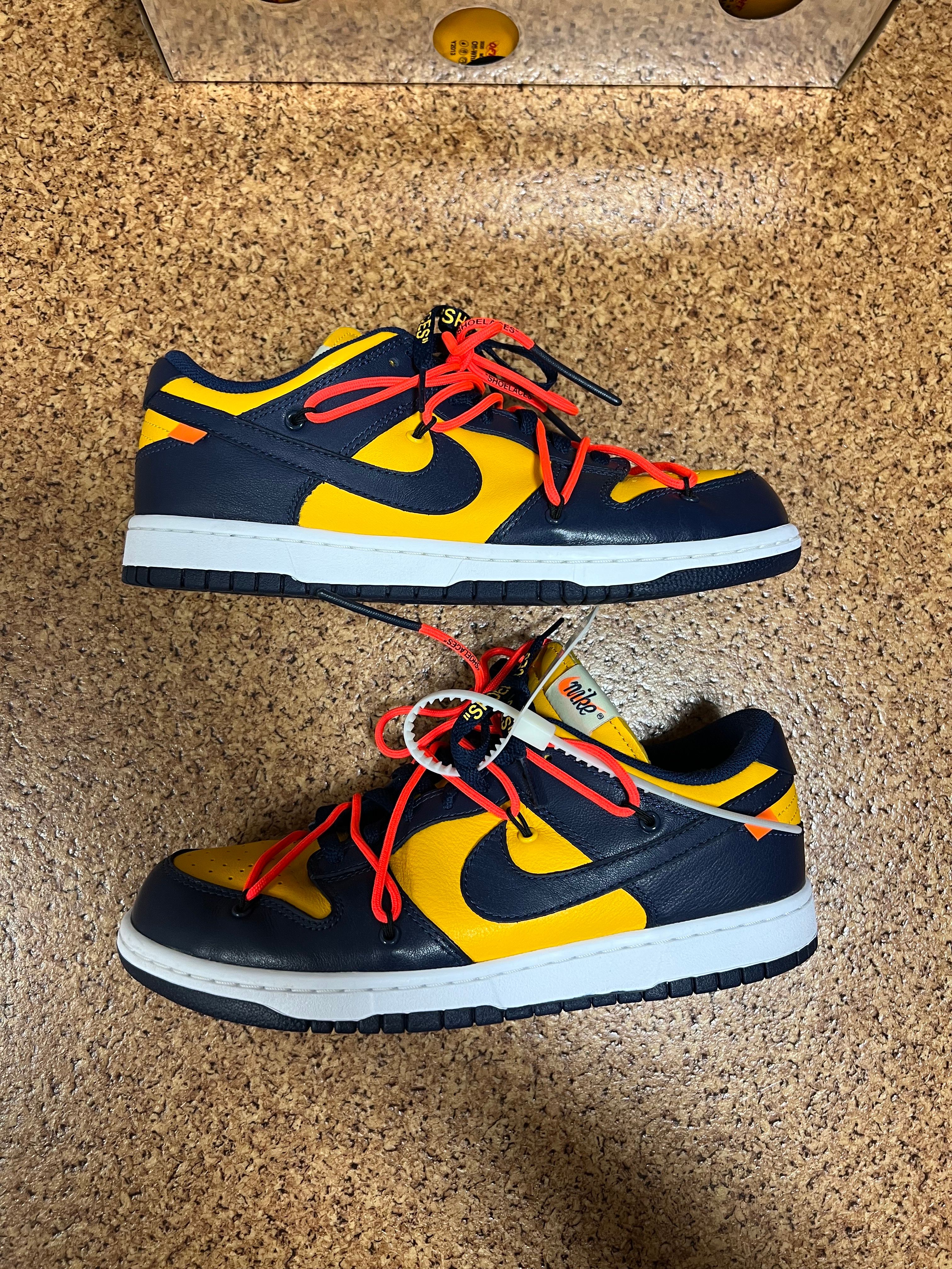 Off-White × Nike Dunk Low LTHR "University Gold/Midnight Navy/White"