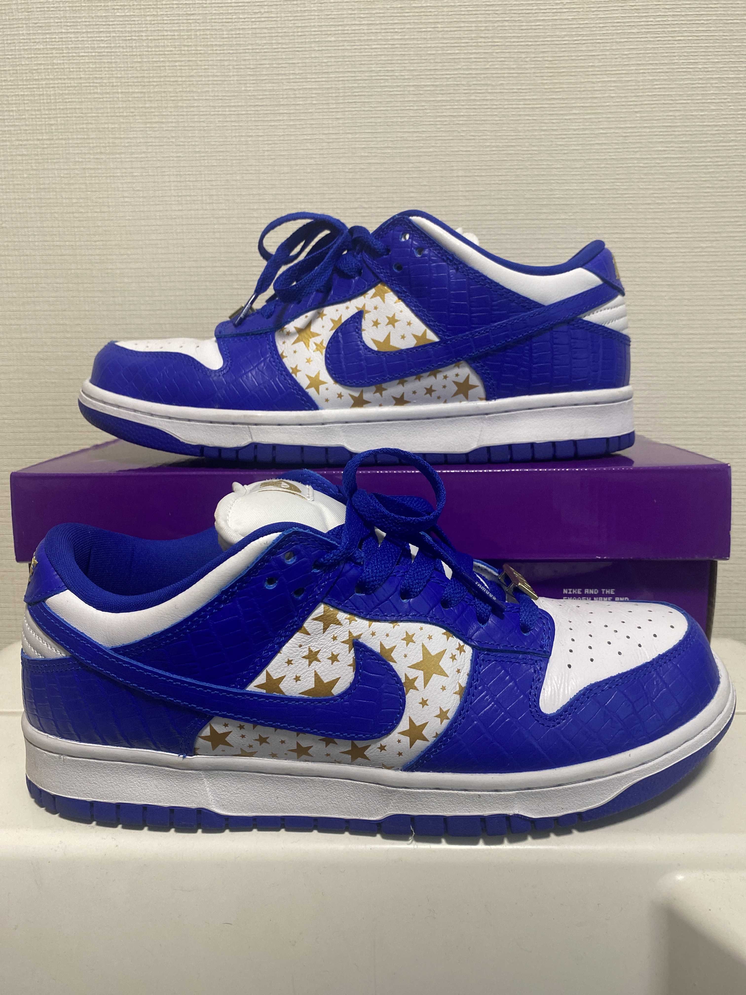 Supreme × Nike SB Dunk Low OG QS Gold Stars "White/Hyper Blue"