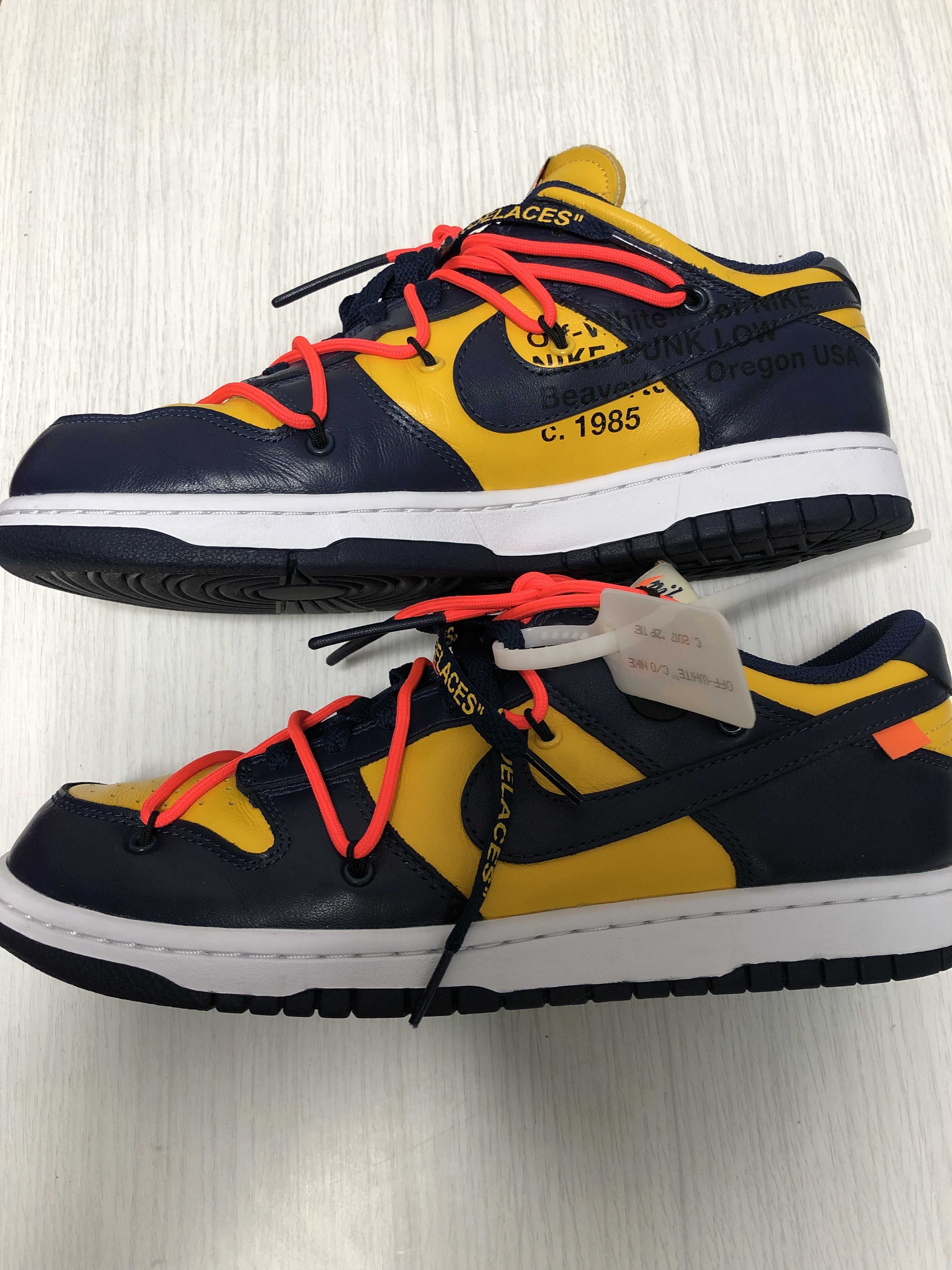 Off-White × Nike Dunk Low LTHR "University Gold/Midnight Navy/White"