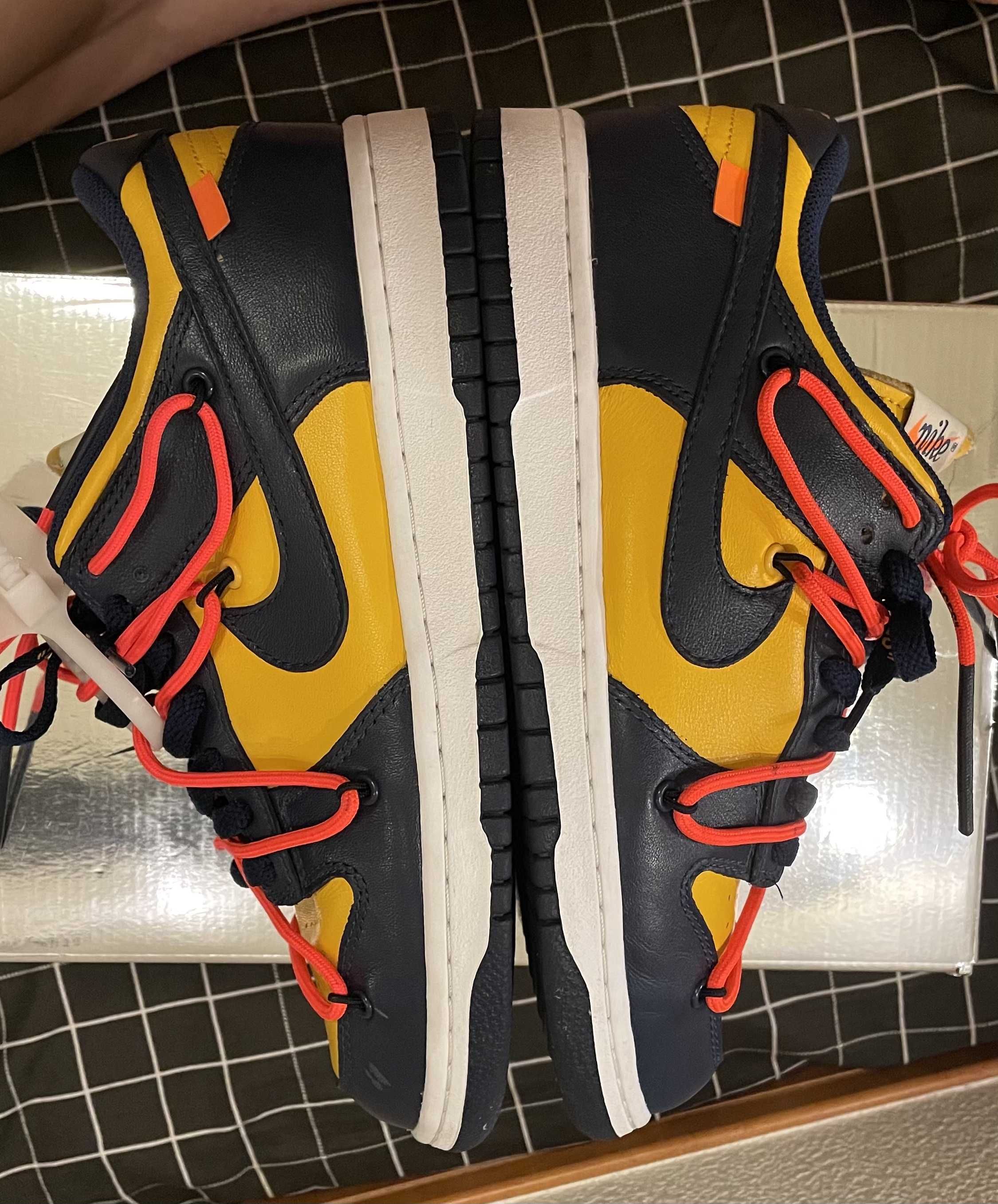 Off-White × Nike Dunk Low  LTHR "University Gold/Midnight Navy/White"