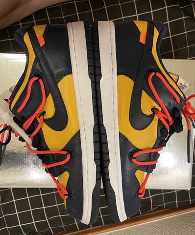 Off-White × Nike Dunk Low LTHR "University Gold/Midnight Navy/White"