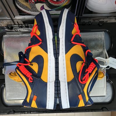 Off-White × Nike Dunk Low LTHR "University Gold/Midnight Navy/White"