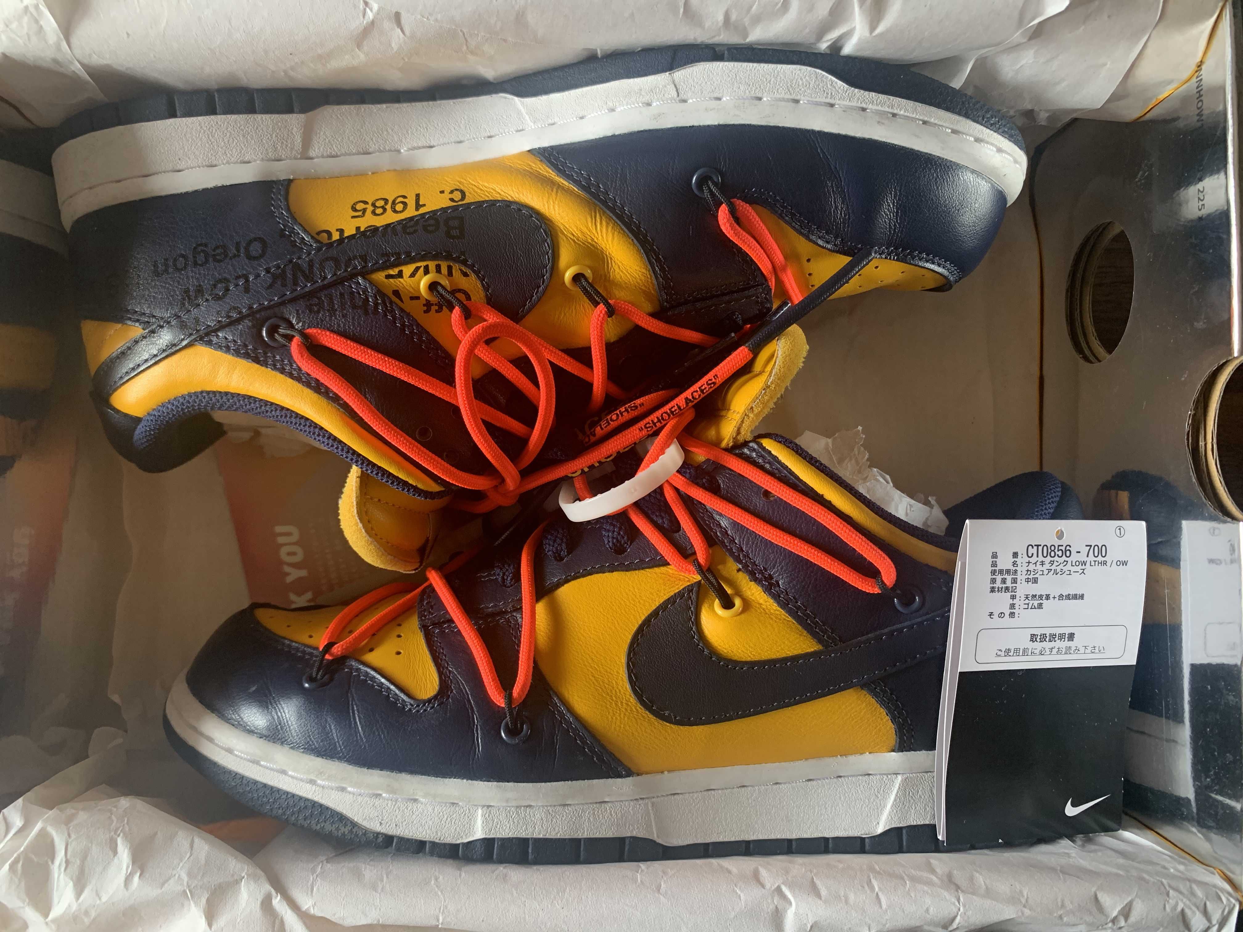 Off-White × Nike Dunk Low  LTHR "University Gold/Midnight Navy/White"