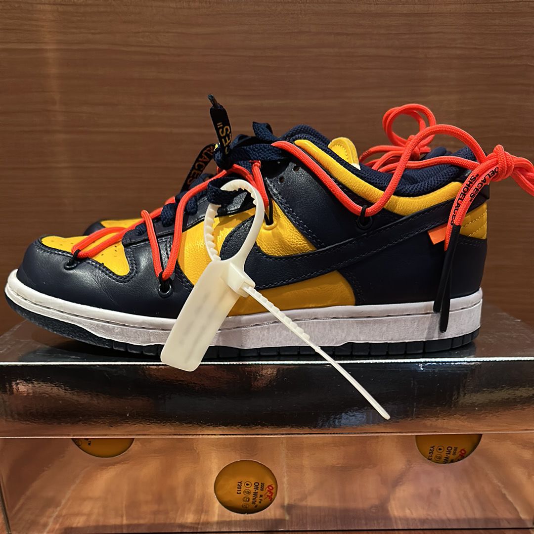 Off-White × Nike Dunk Low LTHR "University Gold/Midnight Navy/White"