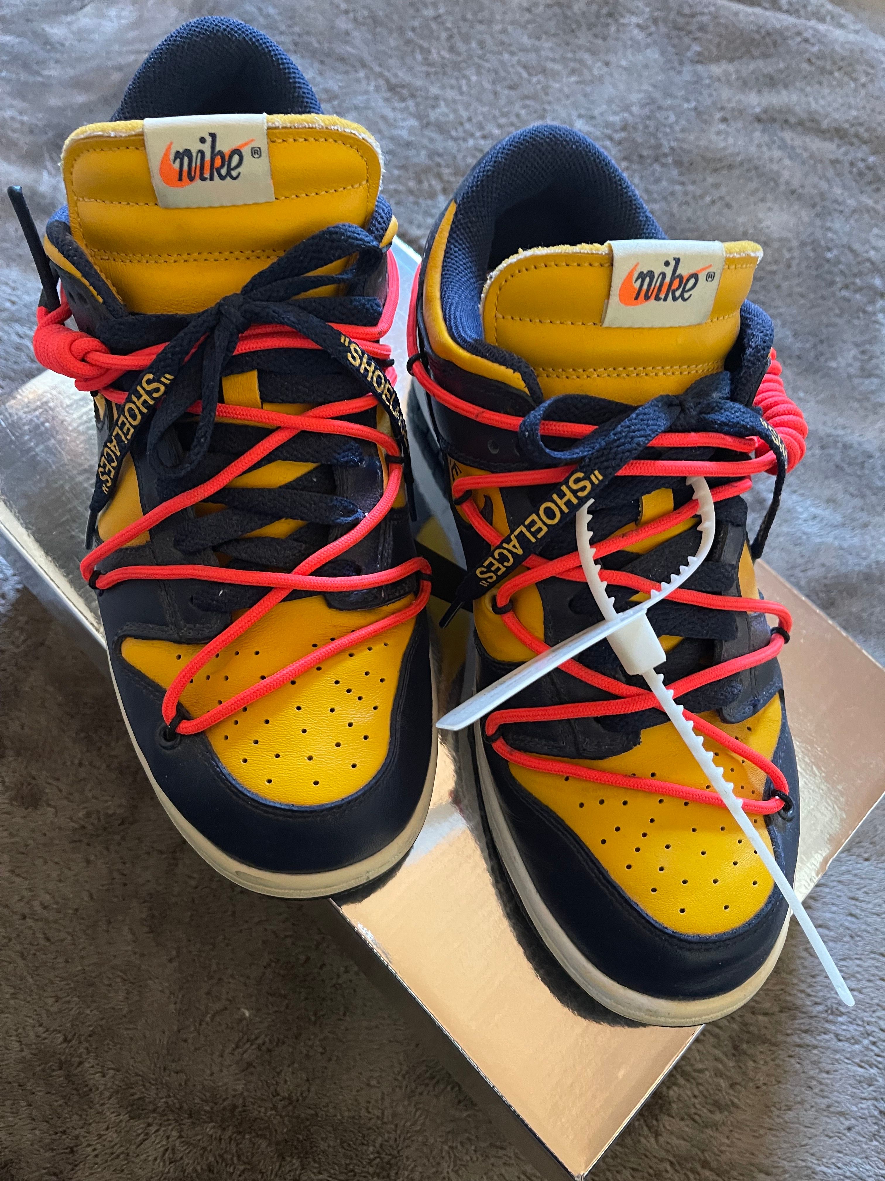 Off-White × Nike Dunk Low LTHR "University Gold/Midnight Navy/White"